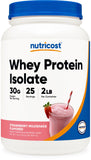 Nutricost Whey Protein Isolate en lata, ideal para un desayuno rápido.