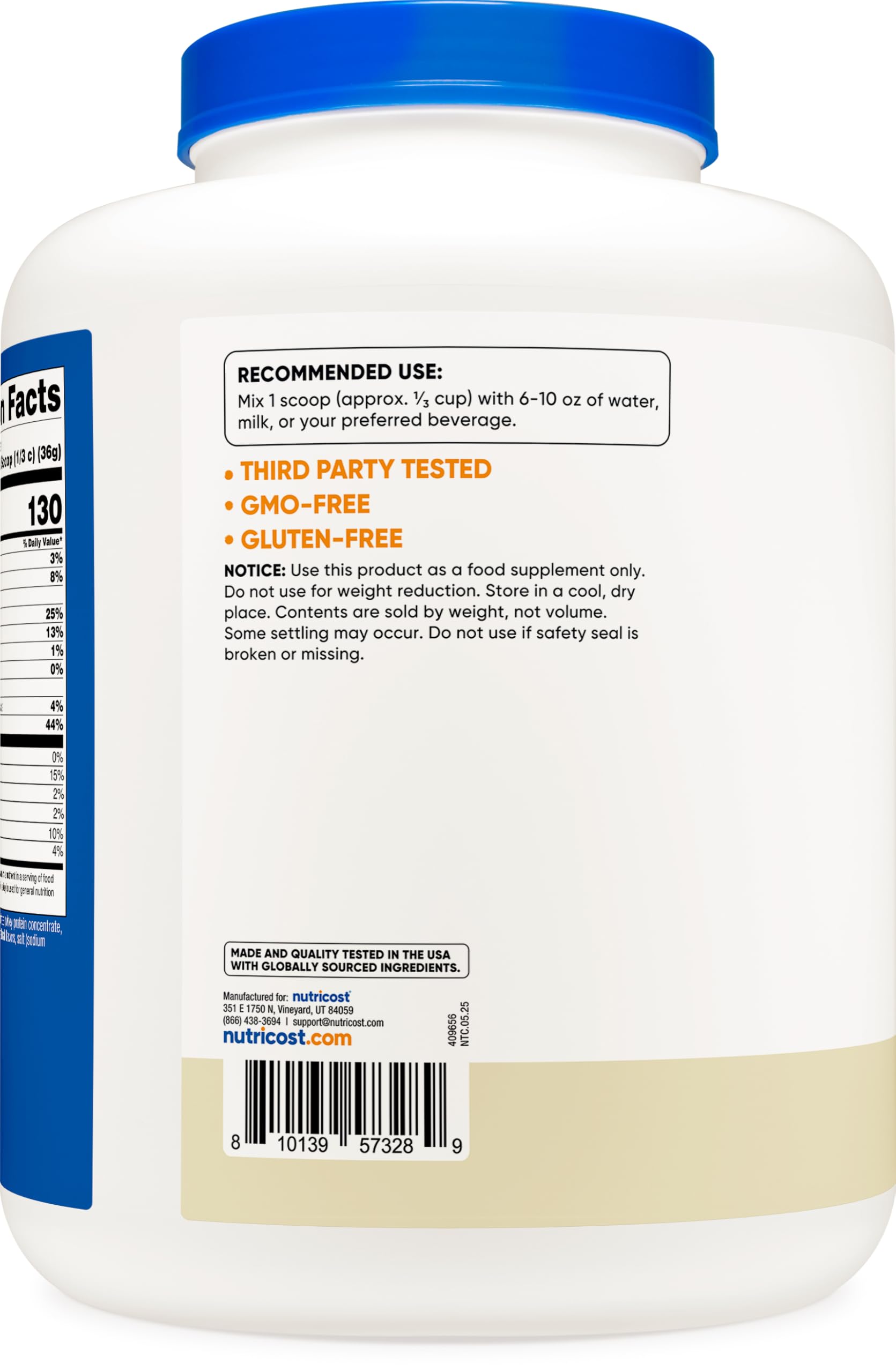 Nutricost Proteína de Suero Vanilla, etiqueta con certificaciones y origen.