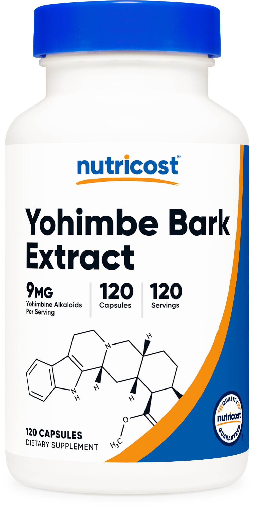 Nutricost Yohimbe Extracto, botella frontal con dosis visible para ver la información