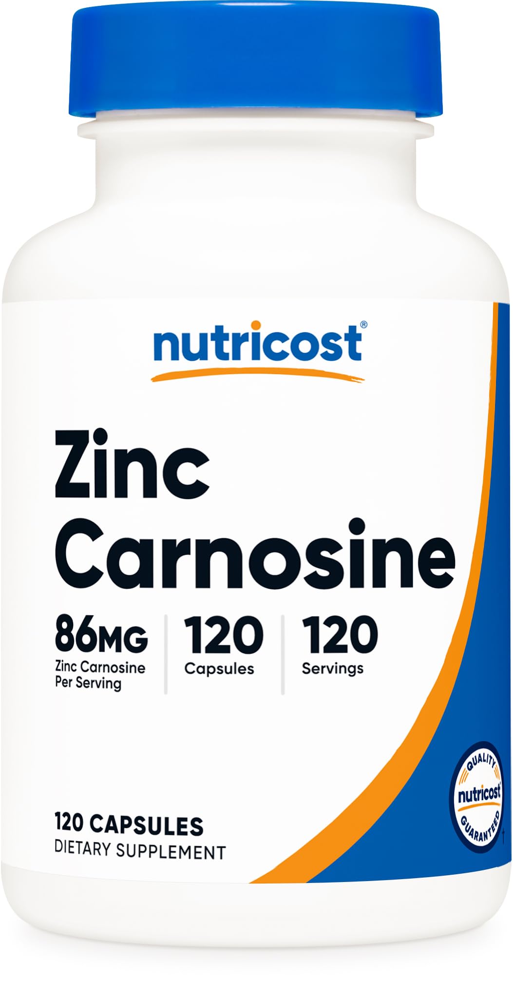 Nutricost Zinc Carnosine botella frente, presentación diaria fácil de usar.