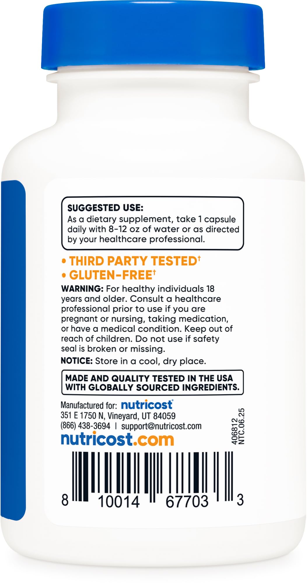 Nutricost Zinc Carnosine instalación GMP y FDA, garantía de calidad supervisada.