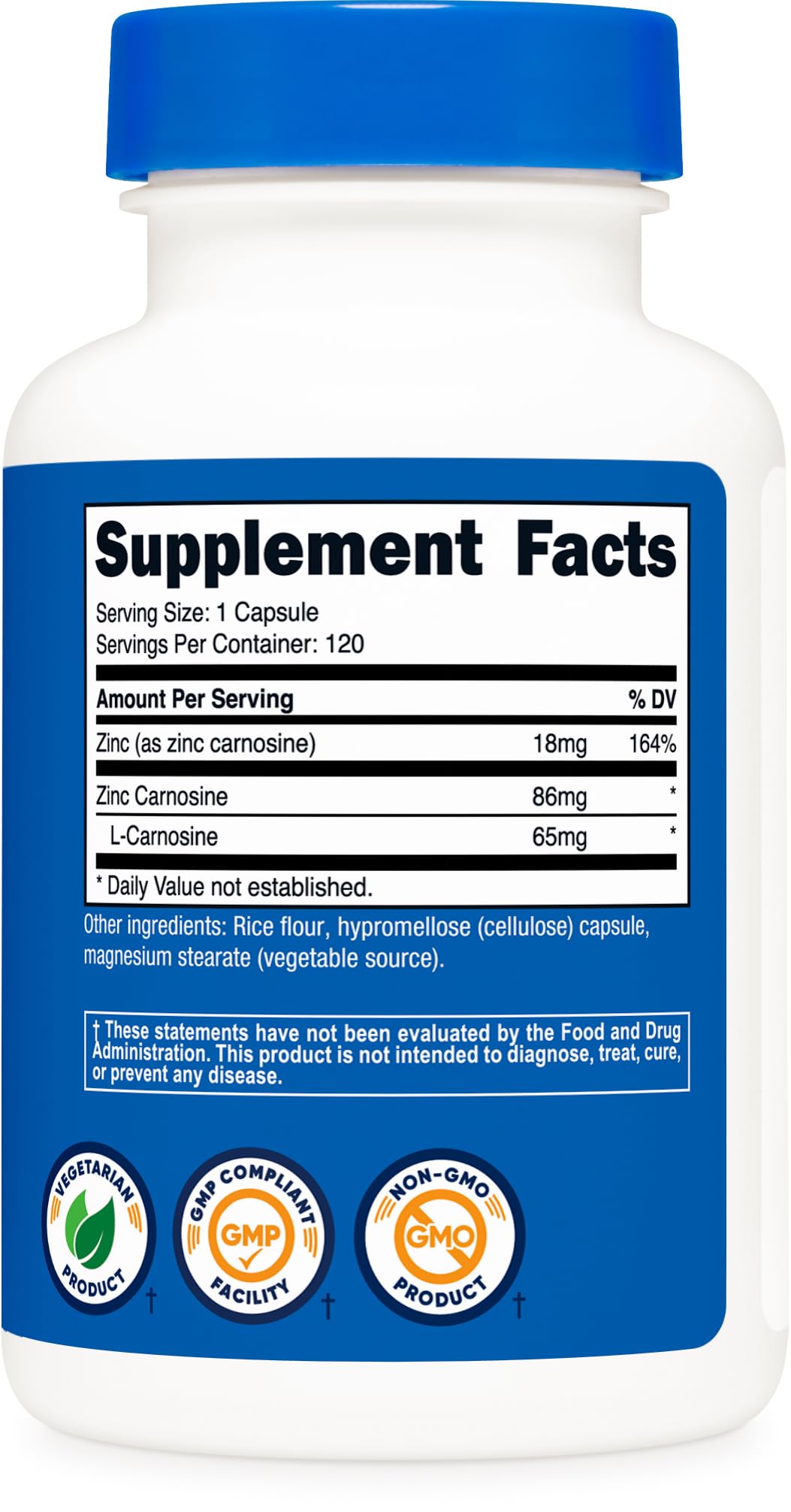 Nutricost Zinc Carnosine sello sin transgénicos, opción vegetariana.
