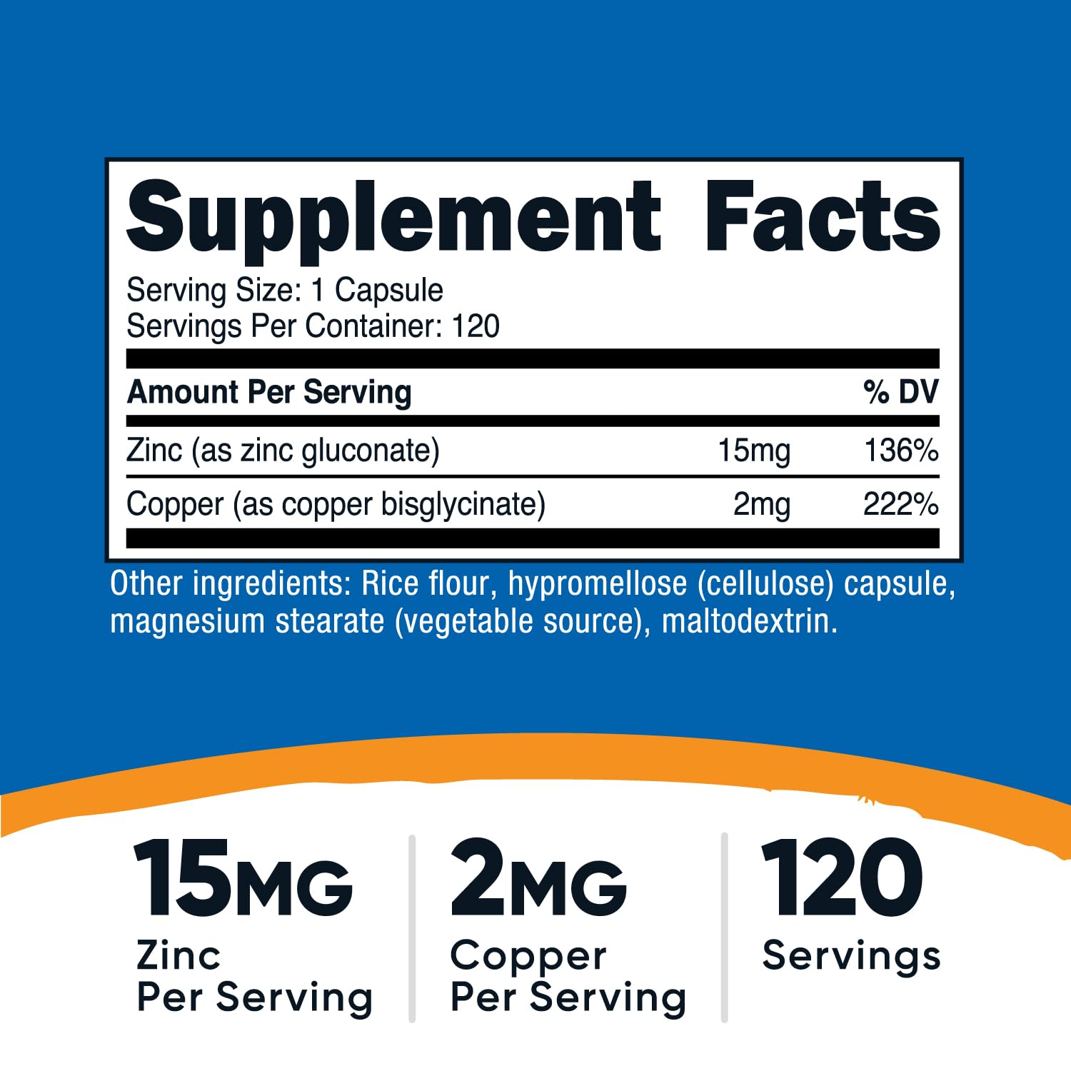 Nutricost cápsulas de zinc y cobre, etiqueta visible para verificar la dosis recomendada.