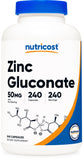 Nutricost Zinc Gluconato 240 cápsulas vegetarianas, fácil de incorporar a la rutina diaria.