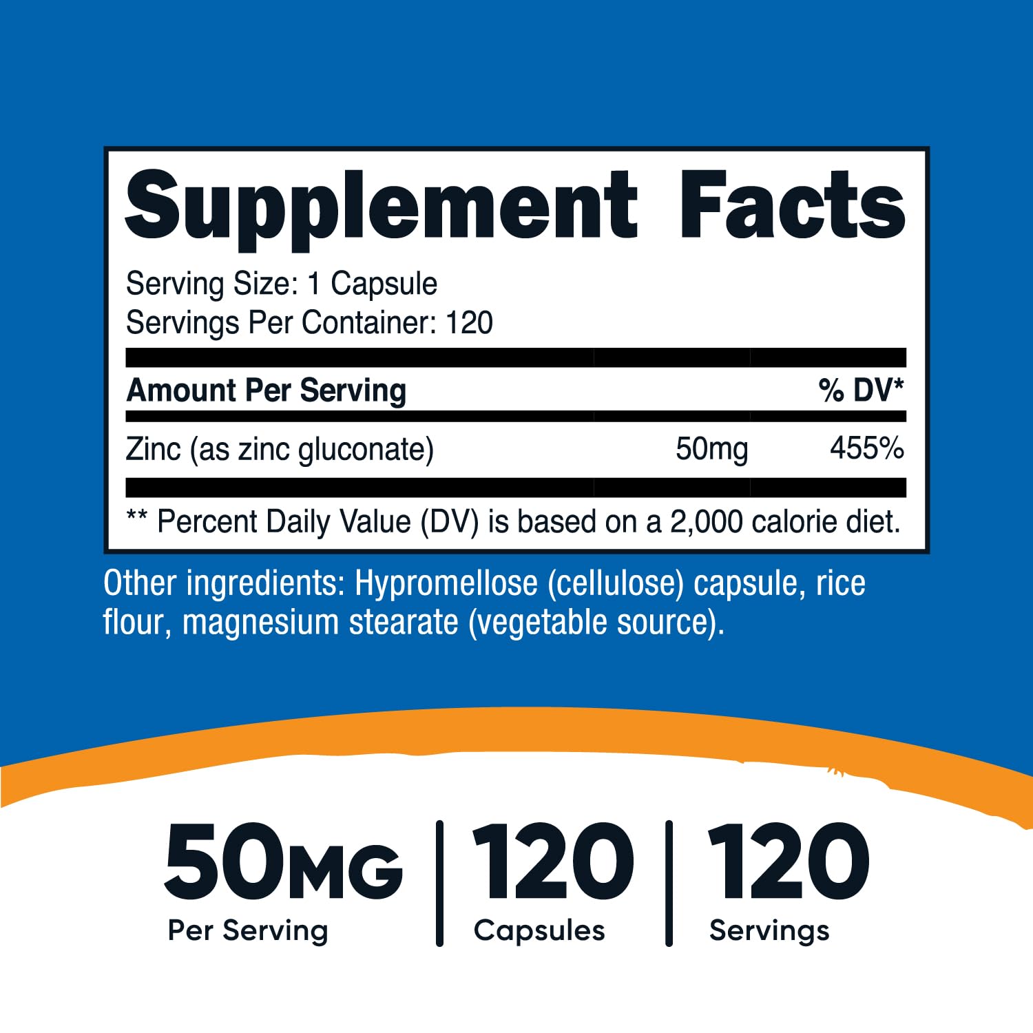 Nutricost Zinc Gluconato, cápsulas de 50 mg para uso vegetariano diario.