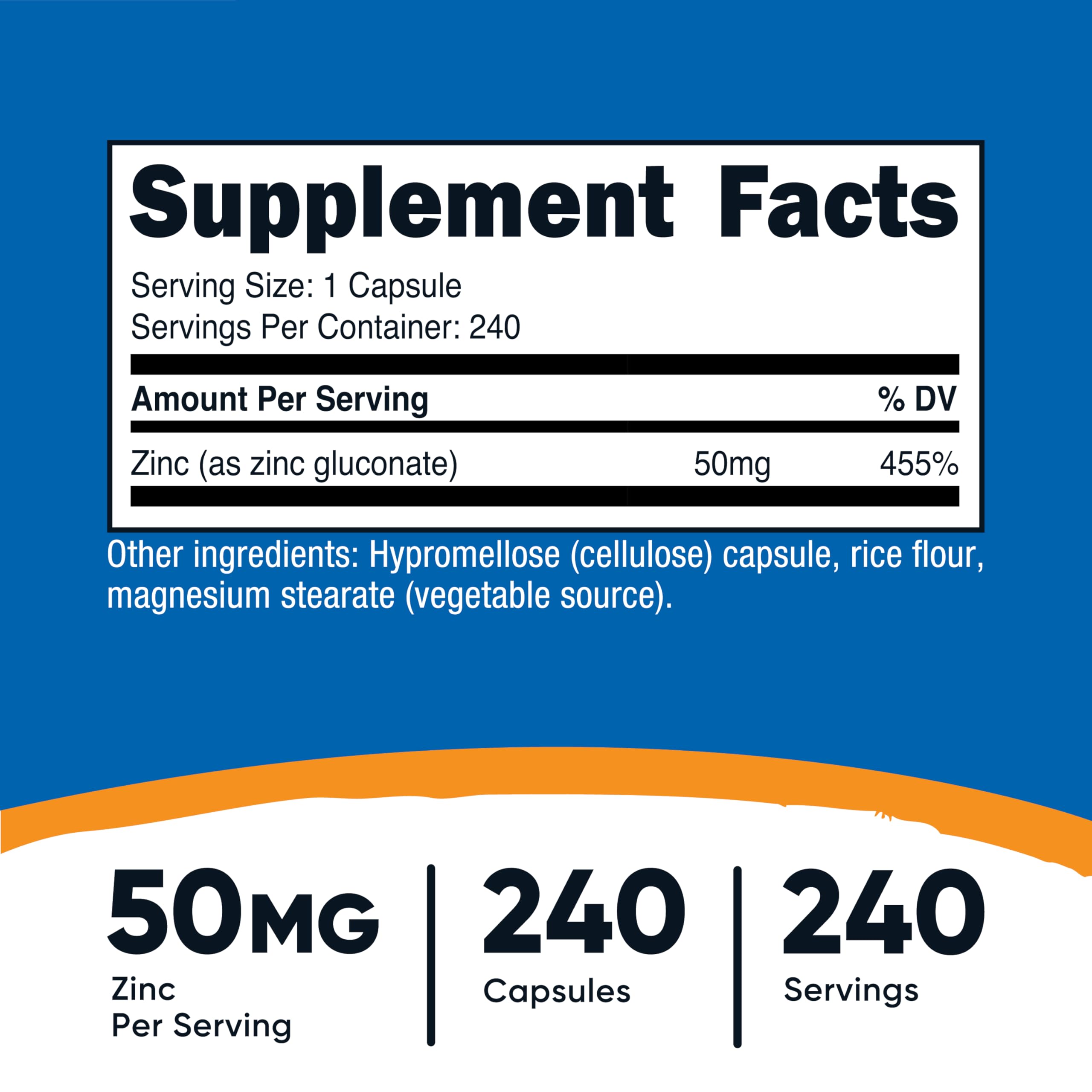 Etiqueta frontal de Nutricost Zinc Gluconato, lectura rápida de dosis.