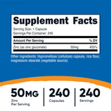 Etiqueta frontal de Nutricost Zinc Gluconato, lectura rápida de dosis.