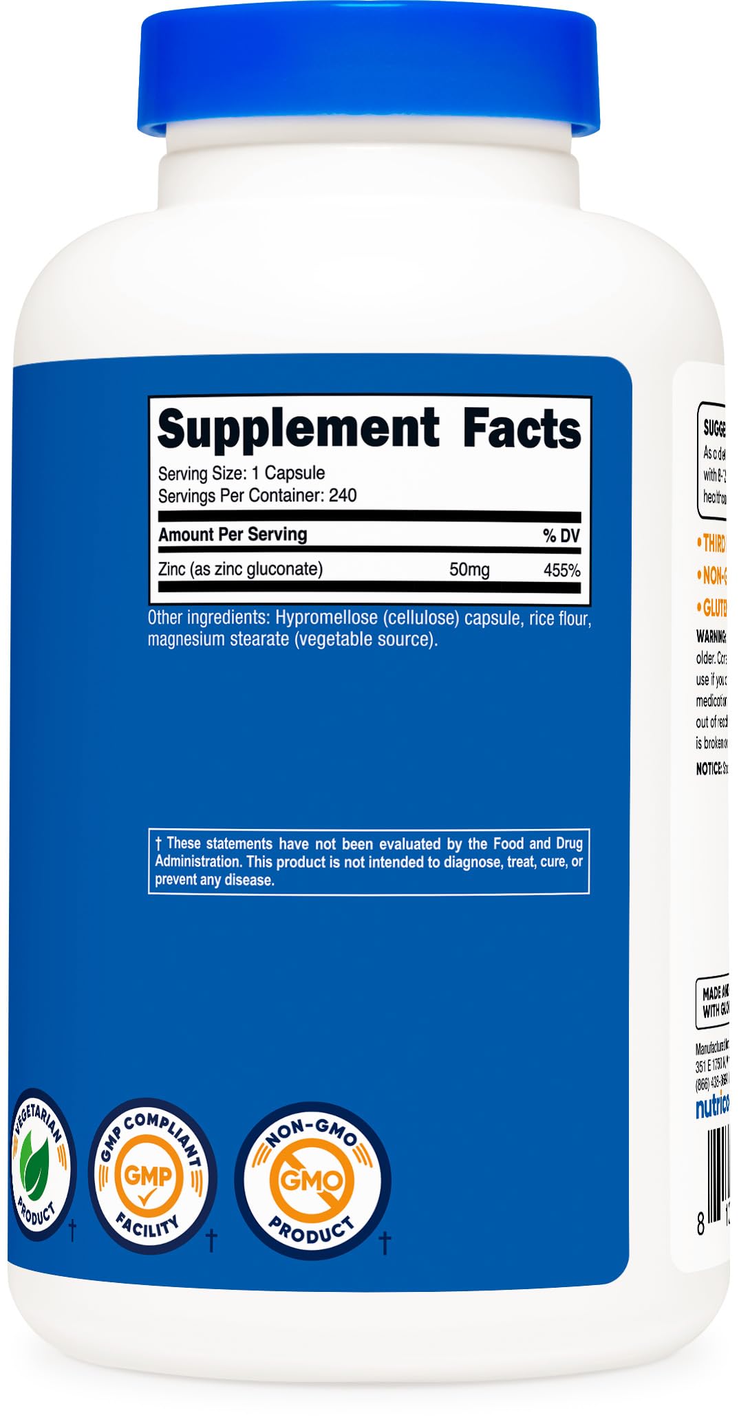 Caja de Nutricost Zinc Gluconato, empaque claro y detalles de la fórmula.