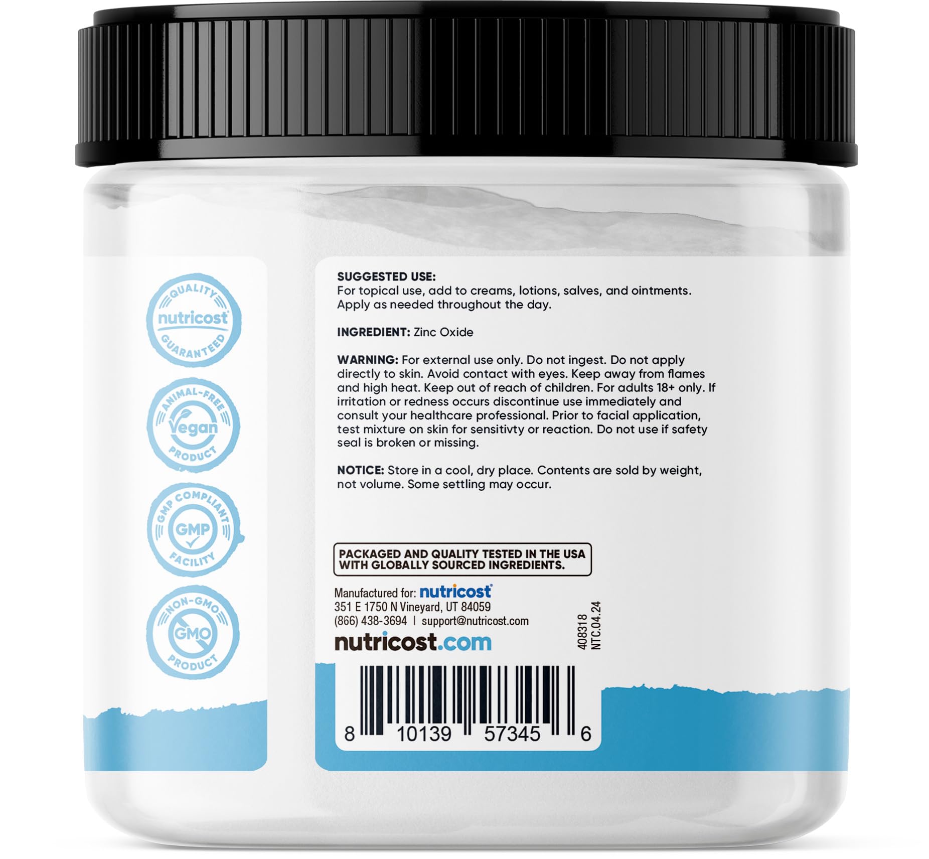 Polvo de óxido de zinc Nutricost con certificación GMP para uso seguro.