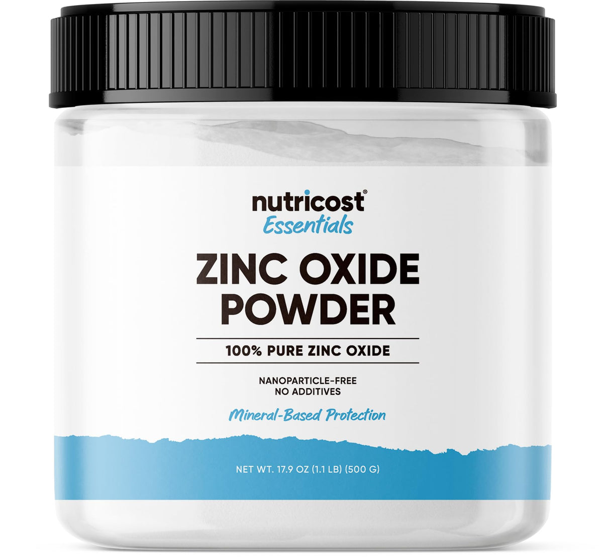 Nutricost Zinc Oxide Powder en envase de 500 g para usos versátiles en cosmética y manualidades.