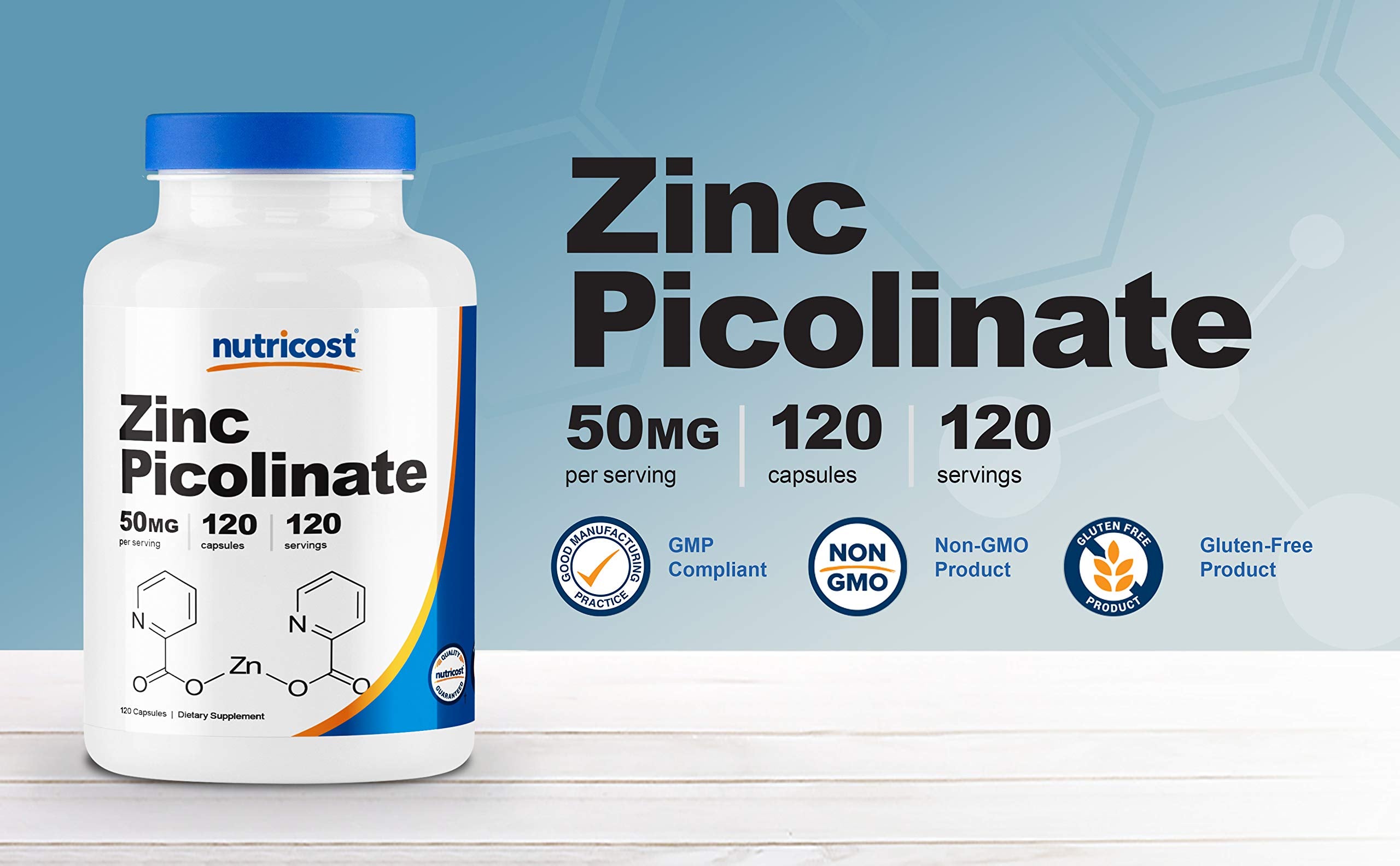Nutricost Zinc Picolinate 50 mg, cápsulas visibles en el frasco para fácil toma.