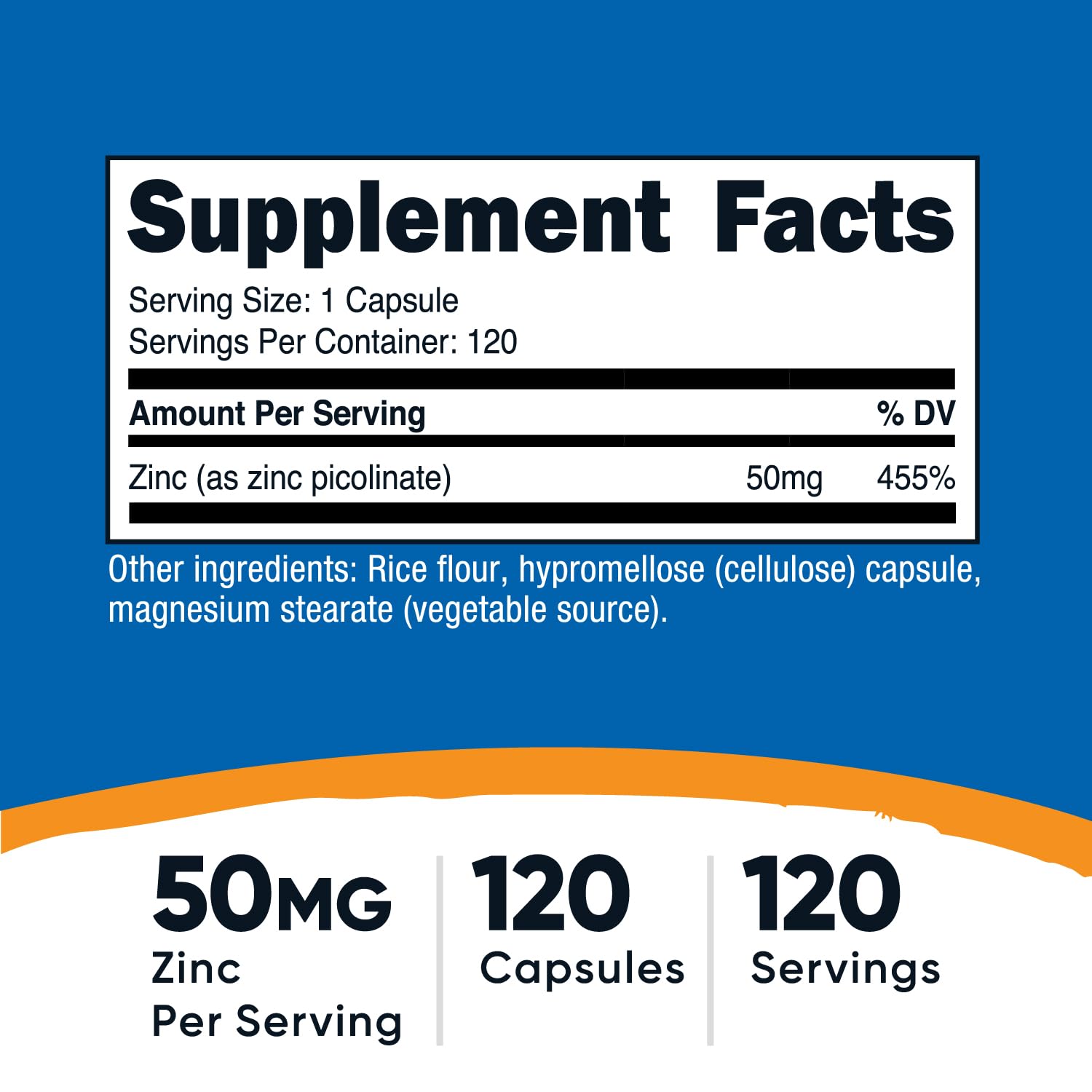 Nutricost Zinc Picolinate 50 mg, etiqueta clara con datos de dosificación.