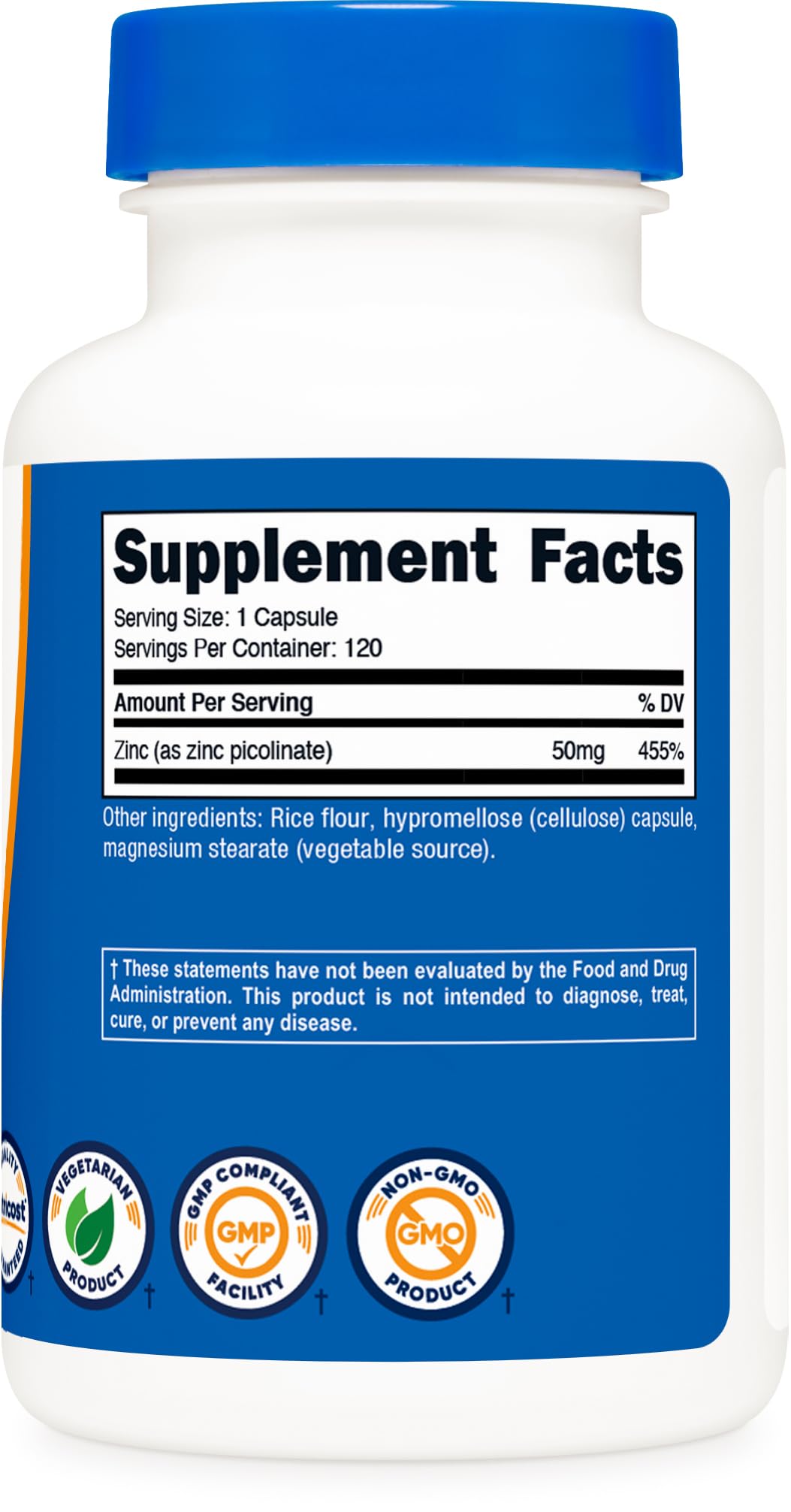Nutricost Zinc Picolinate 50 mg, etiqueta sin gluten para dietas sensibles.