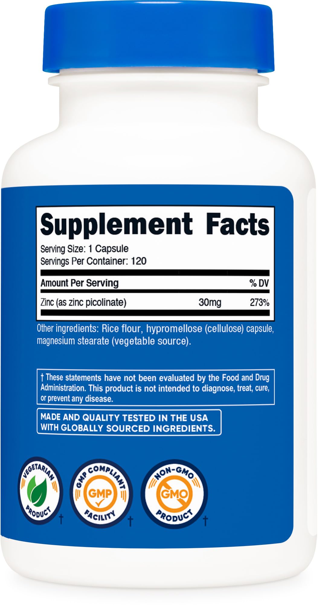 Botella de Nutricost Zinc Picolinate lista para tu rutina diaria.