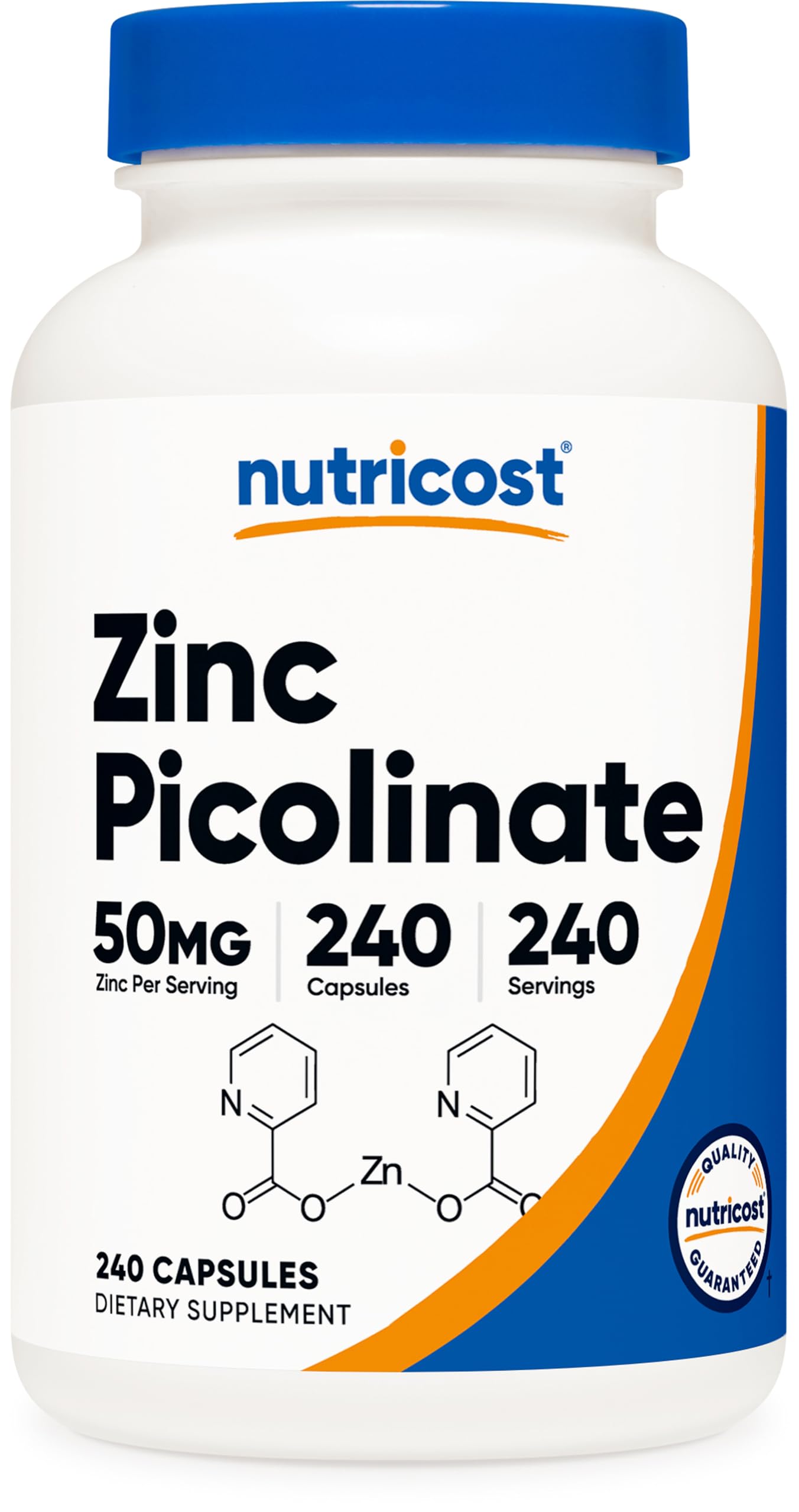 Nutricost Zinc Picolinato 50 mg, cápsulas vegetarianas, ideal para uso diario.