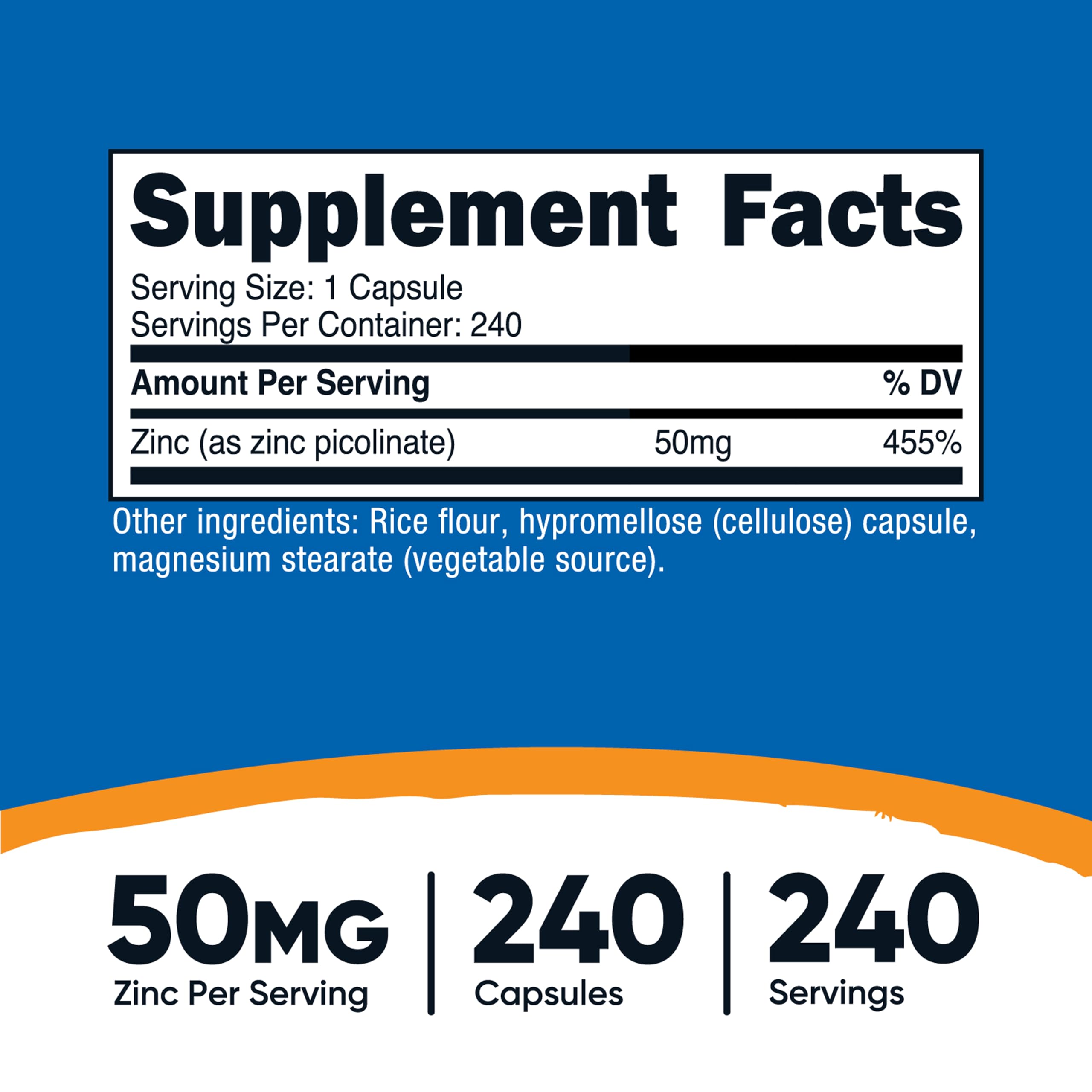 Nutricost Zinc Picolinato, envase de 240 cápsulas, suministro estable para tu día a día.