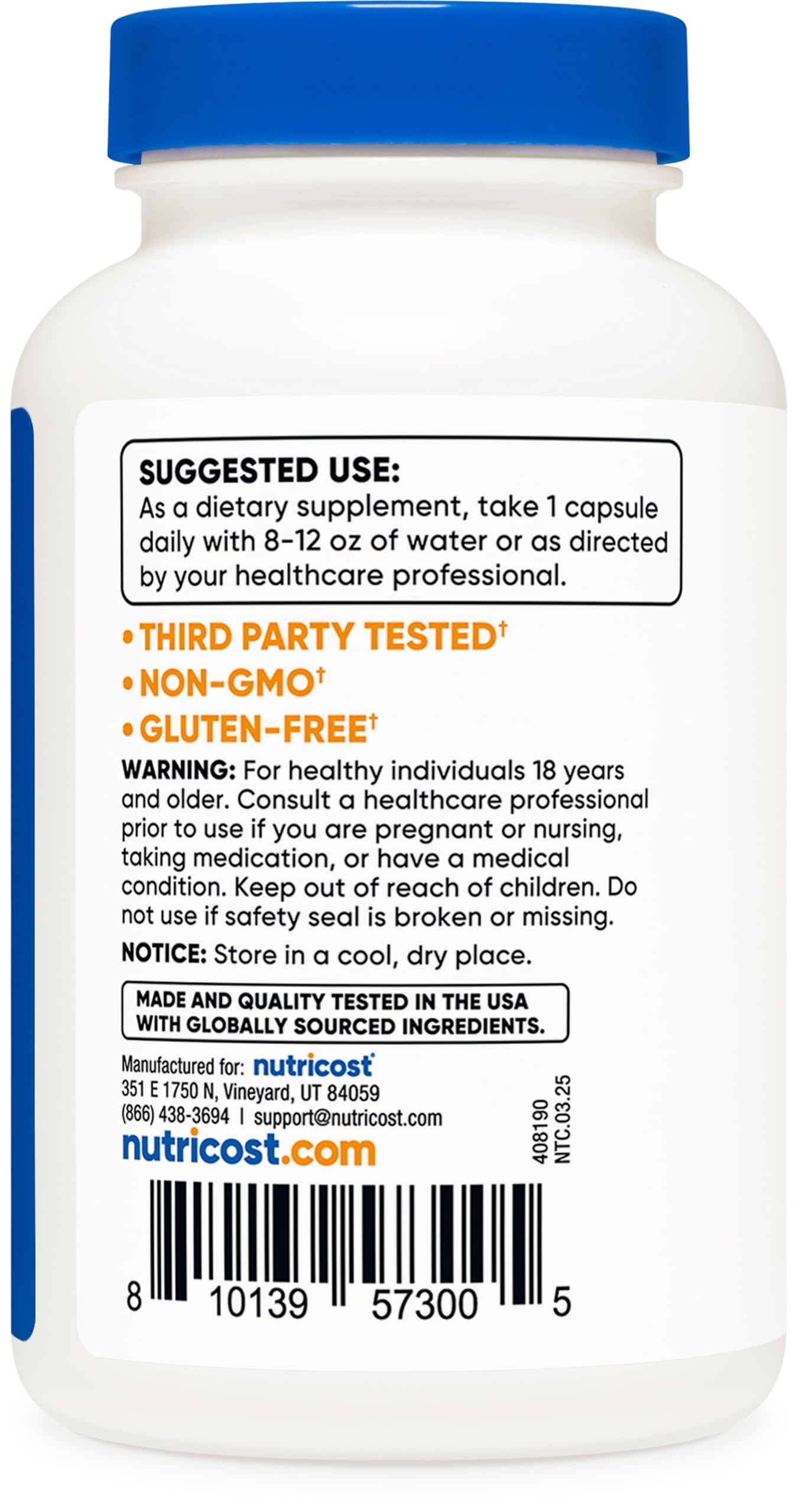 Nutricost Zinc Picolinato, etiqueta clara que facilita revisar ingredientes y origen.