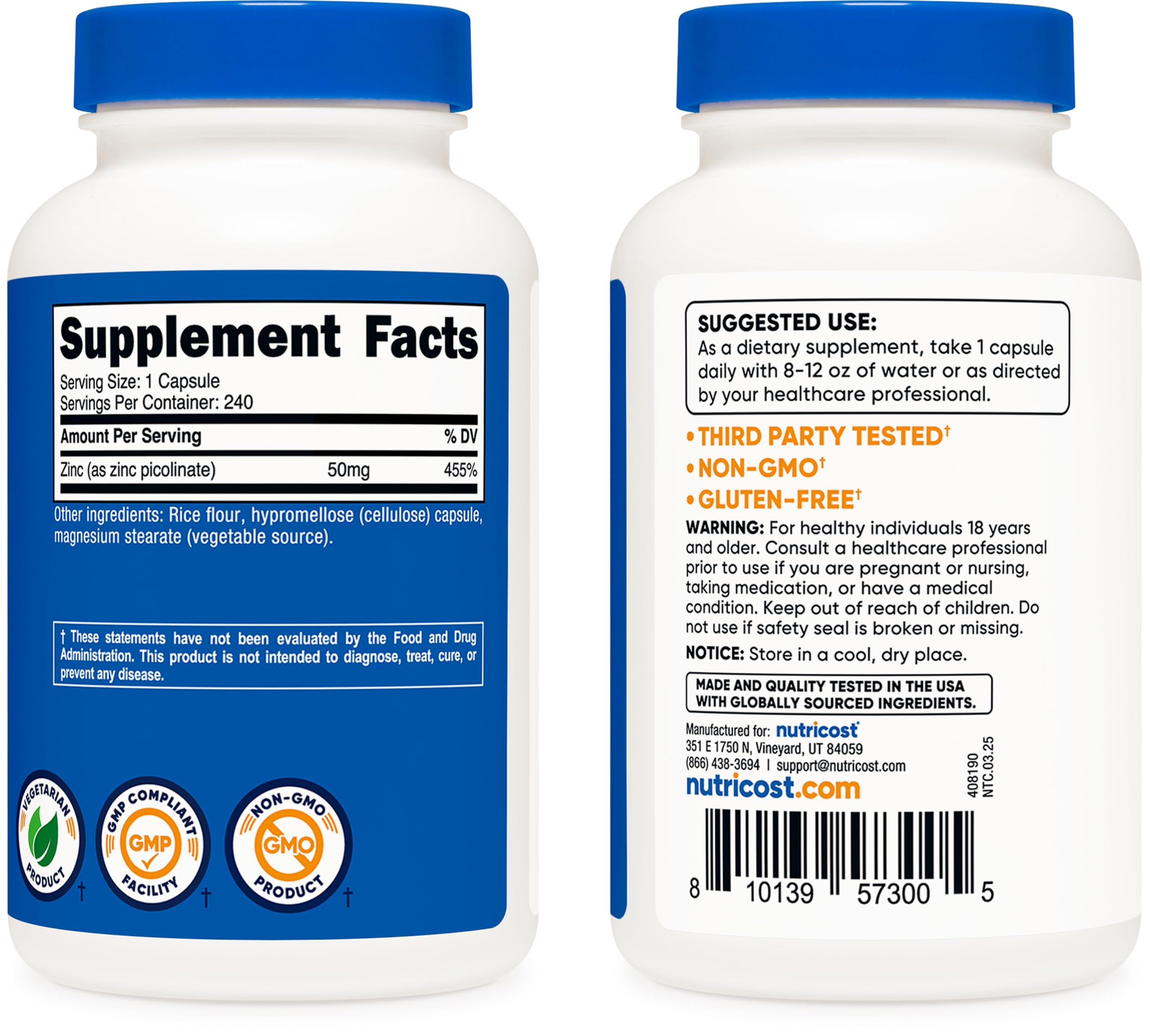 Nutricost Zinc Picolinato, opción sin gluten para tranquilidad diaria.