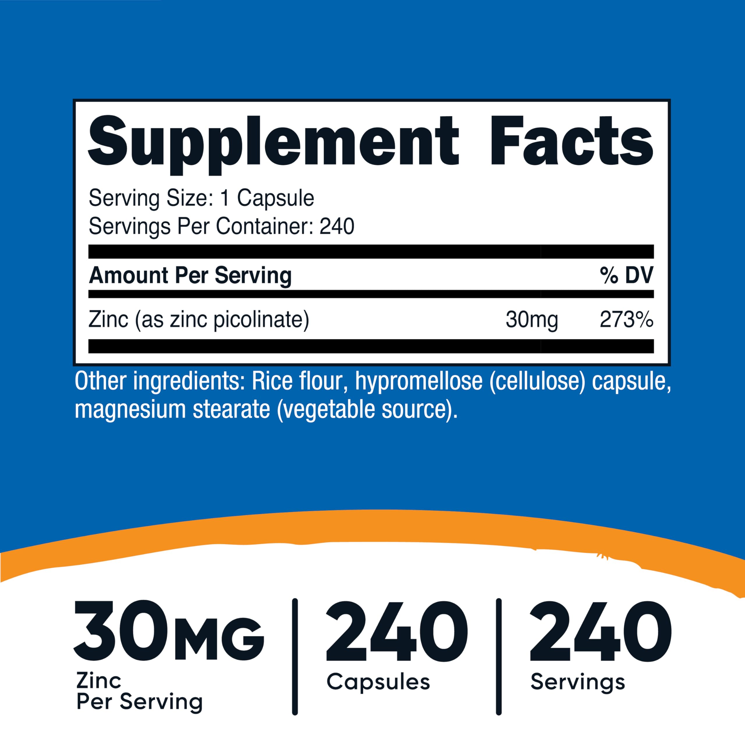 Nutricost Zinc Picolinato, cápsulas de 30 mg para ingesta diaria.