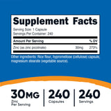 Nutricost Zinc Picolinato, cápsulas de 30 mg para ingesta diaria.