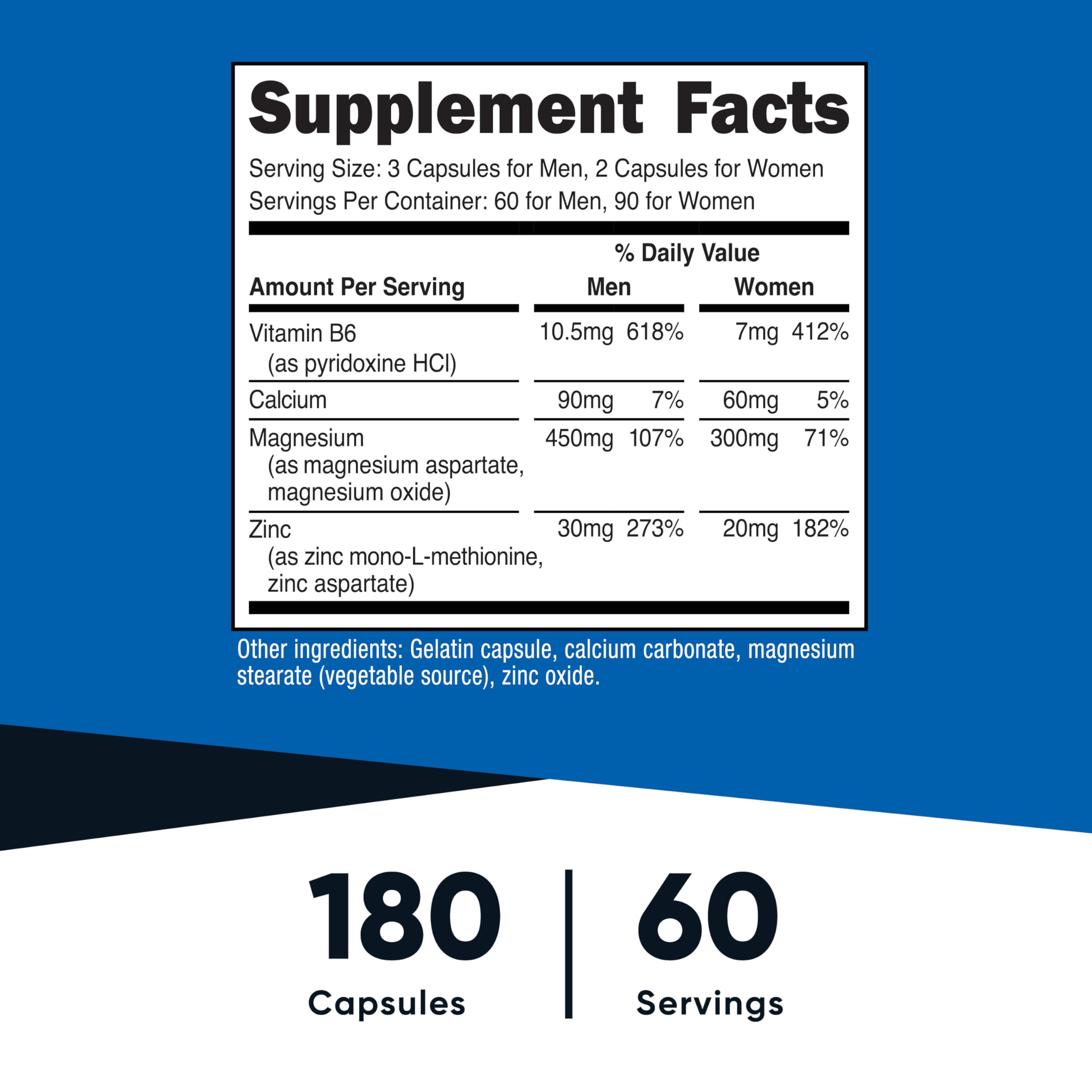 Nutricost ZMA, cápsulas, muestra 490 mg por porción para entrenamiento.
