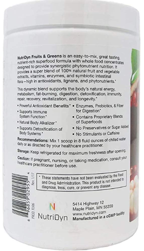 Nutri-Dyn Frutas y Verdes, bayas rojas visibles, sabor natural y apoyo a la vitalidad diaria