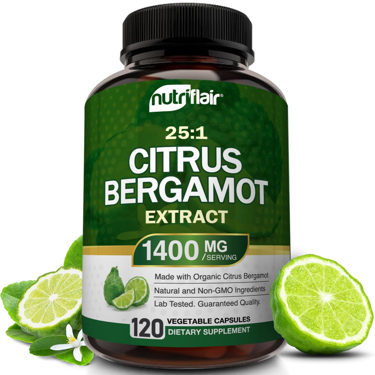 NutriFlair Bergamota Orgánica: frasco de cápsulas para uso diario.
