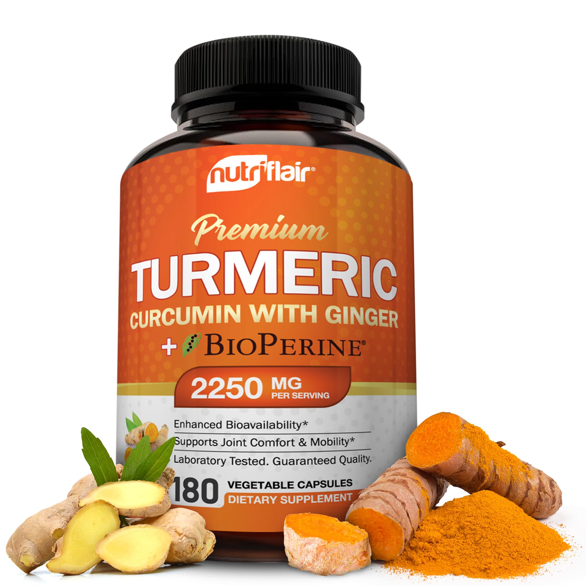 NutriFlair cápsulas de cúrcuma con jengibre y Bioperine para absorción mejorada.