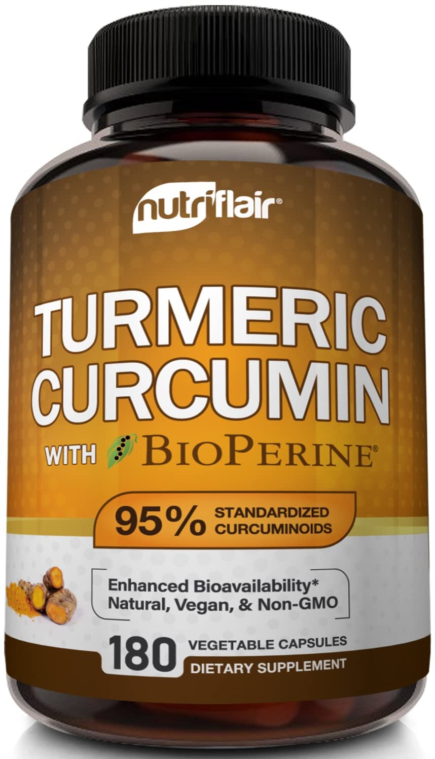NutriFlair curcumina de cúrcuma con BioPerine, frasco para absorción óptima.