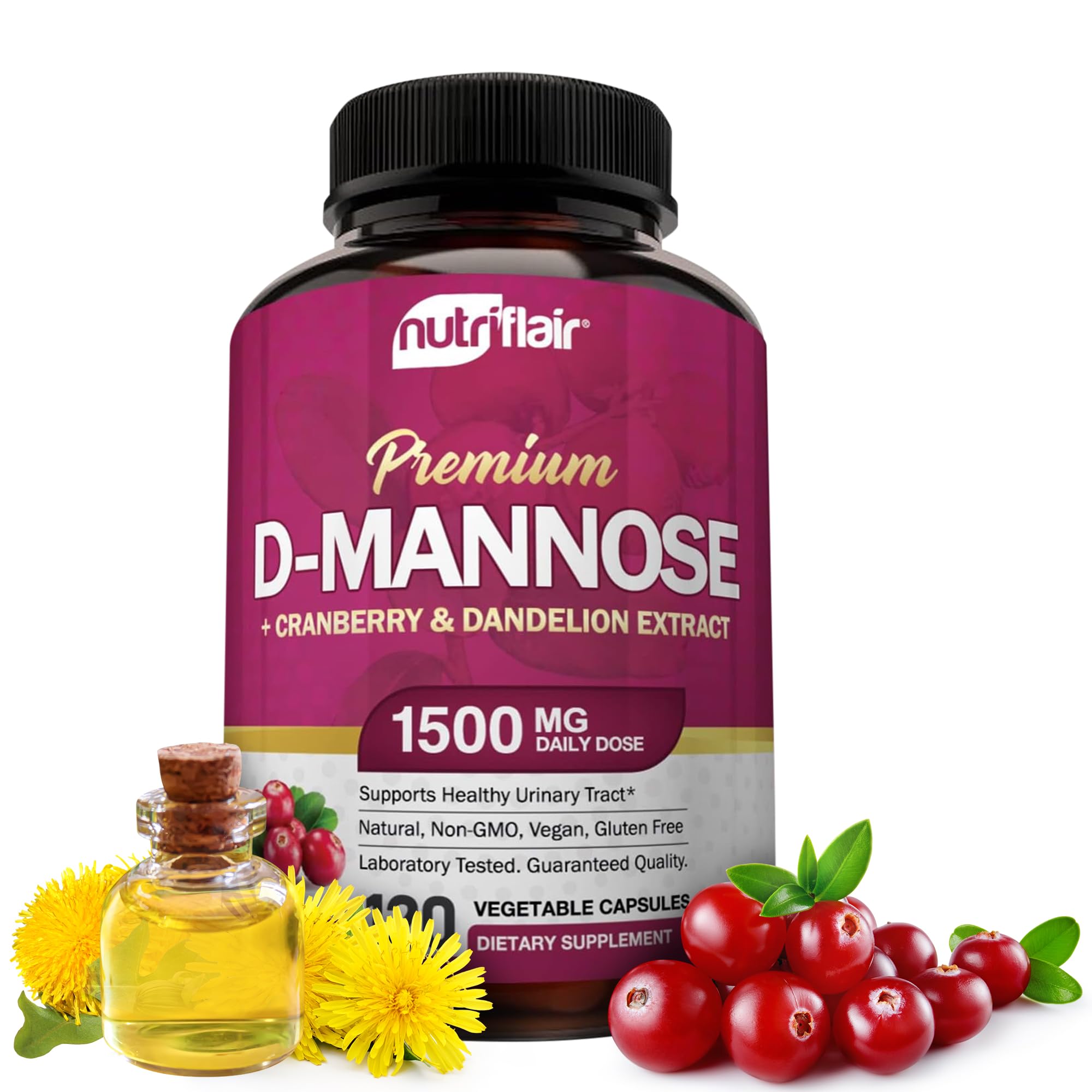 NutriFlair D-Mannose cápsulas en botella: apoyo diario para la salud urinaria.