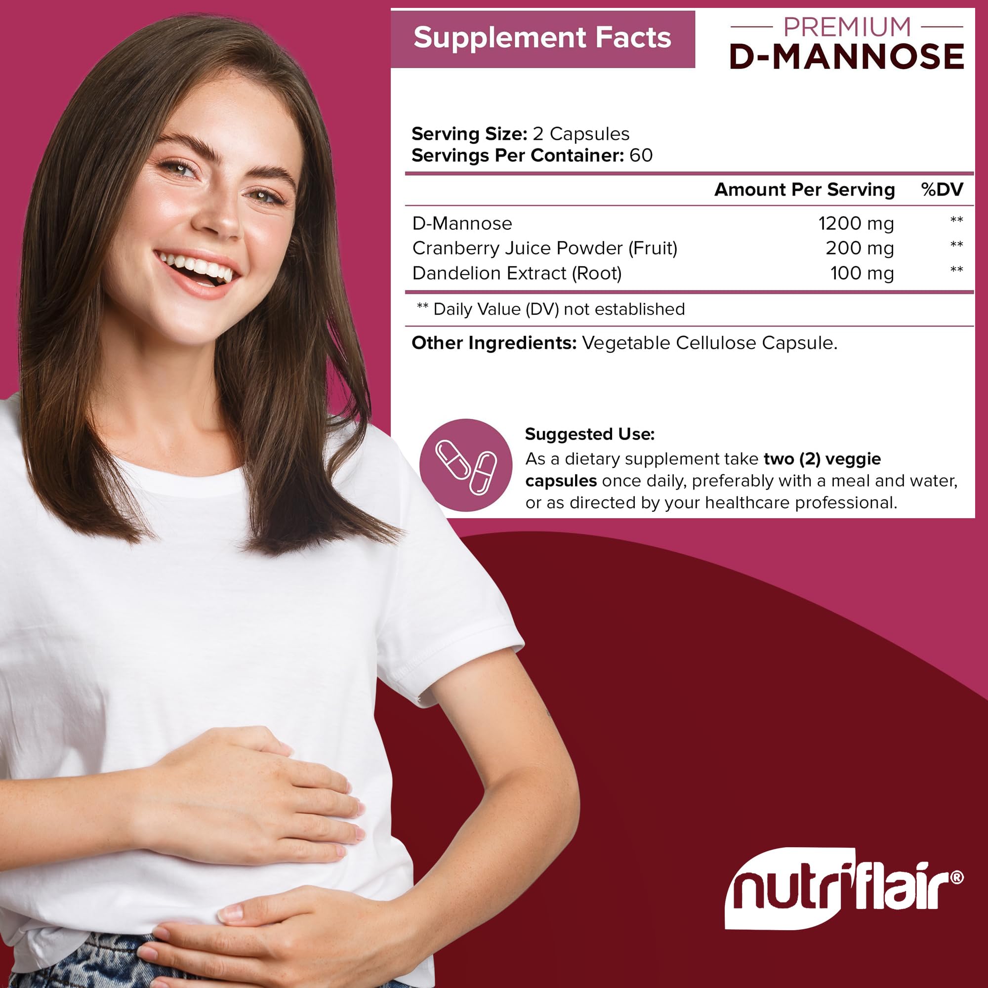 NutriFlair D-Mannose cápsulas dentro de la botella: formato vegetariano para uso diario.