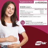 NutriFlair D-Mannose cápsulas dentro de la botella: formato vegetariano para uso diario.