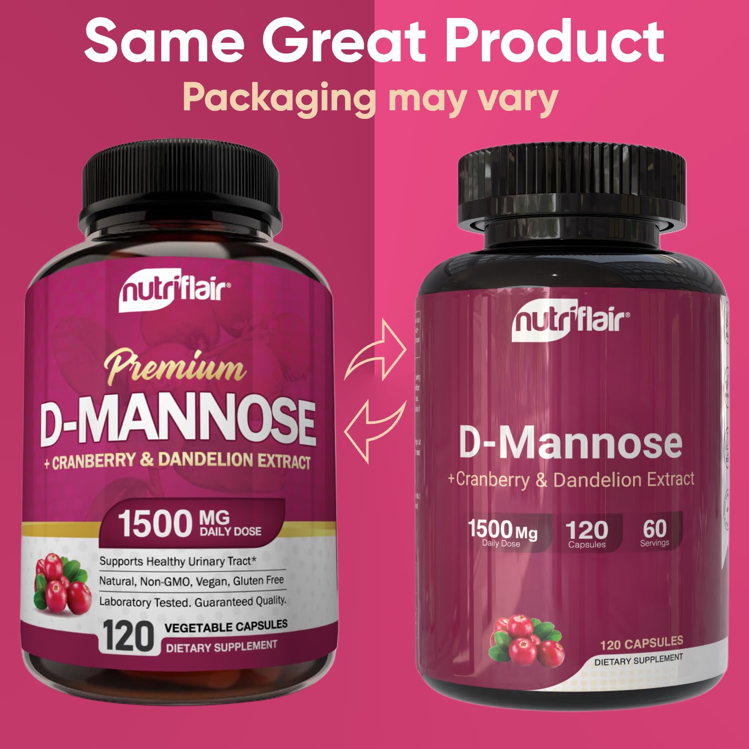 NutriFlair D-Mannose etiqueta frontal: información clara sobre ingredientes y uso.