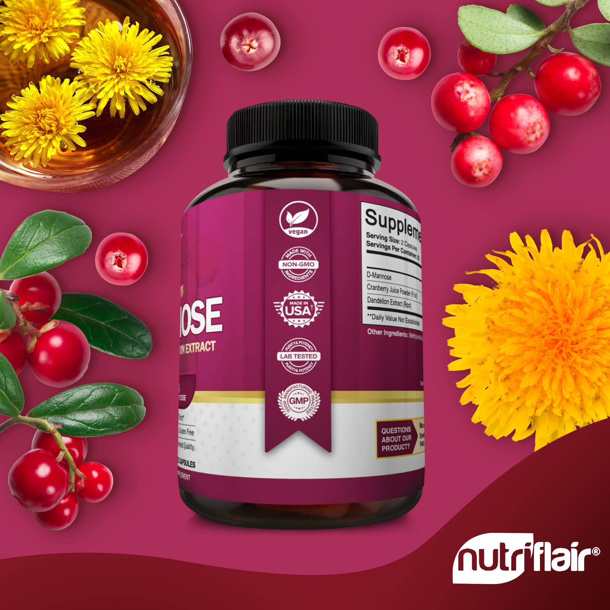 NutriFlair D-Mannose extracto diente de león: apoyo detox suave.