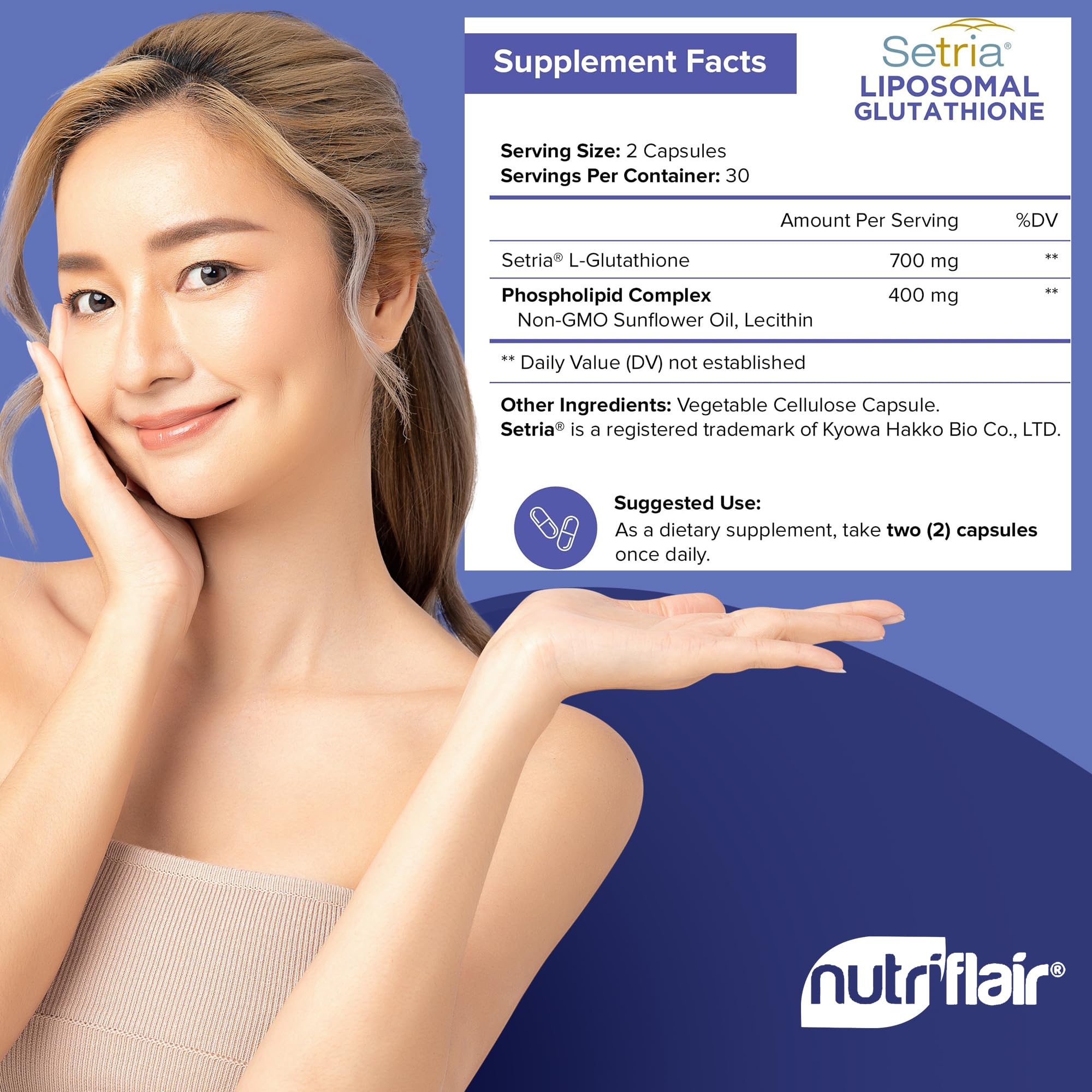 Etiqueta NutriFlair Glutatión Liposomal: información clara para elegir este suplemento.