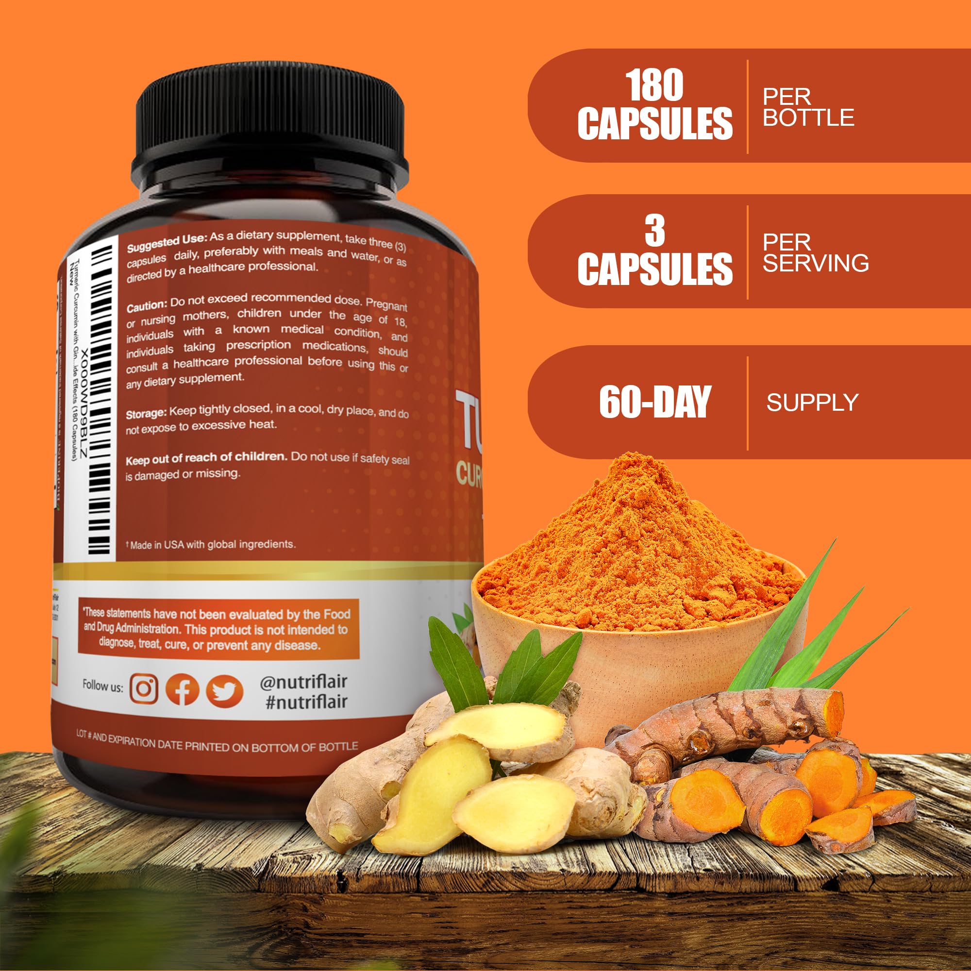 Frasco NutriFlair de 180 cápsulas para uso diario.