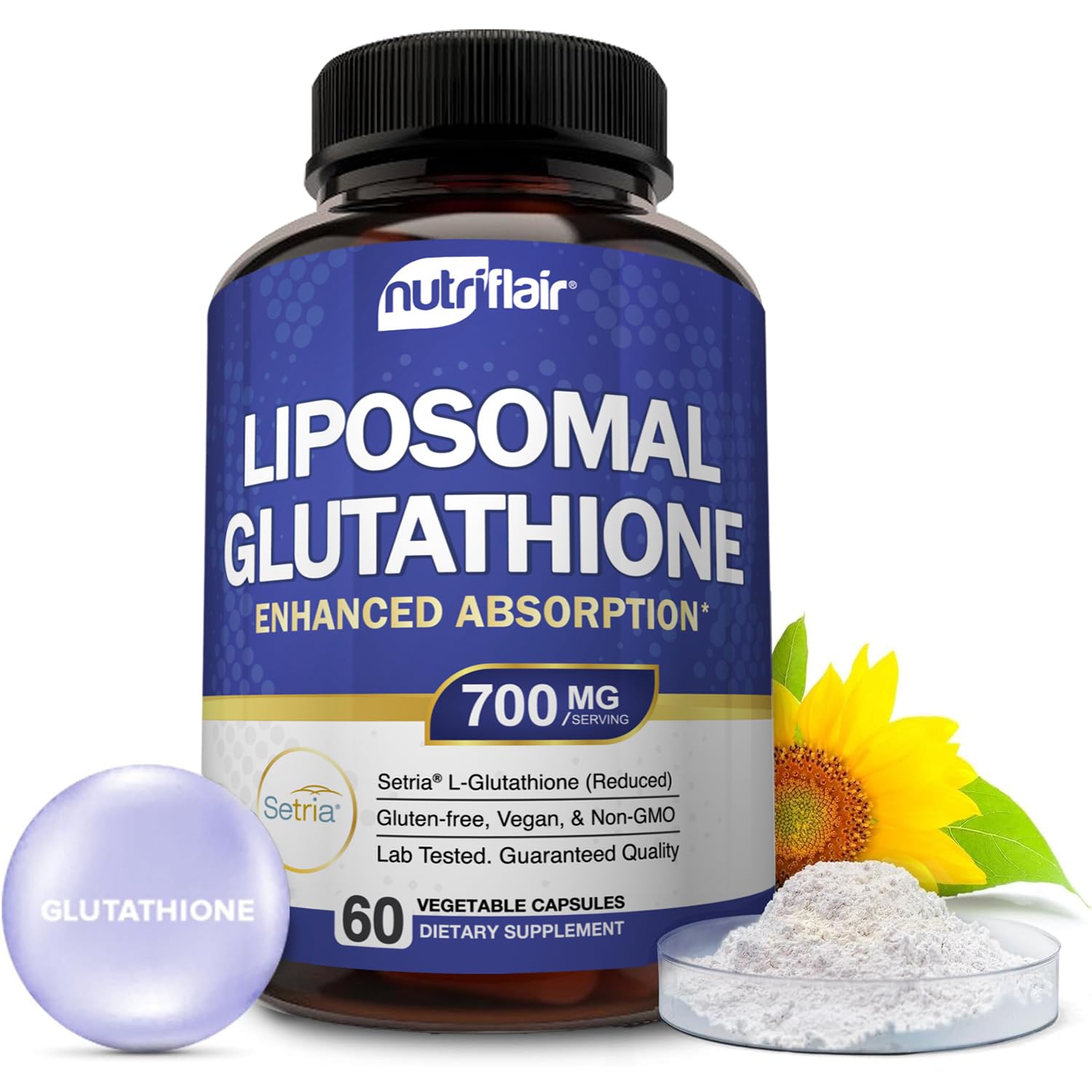 NutriFlair Liposomal Glutathione en bote para uso diario y conveniencia.