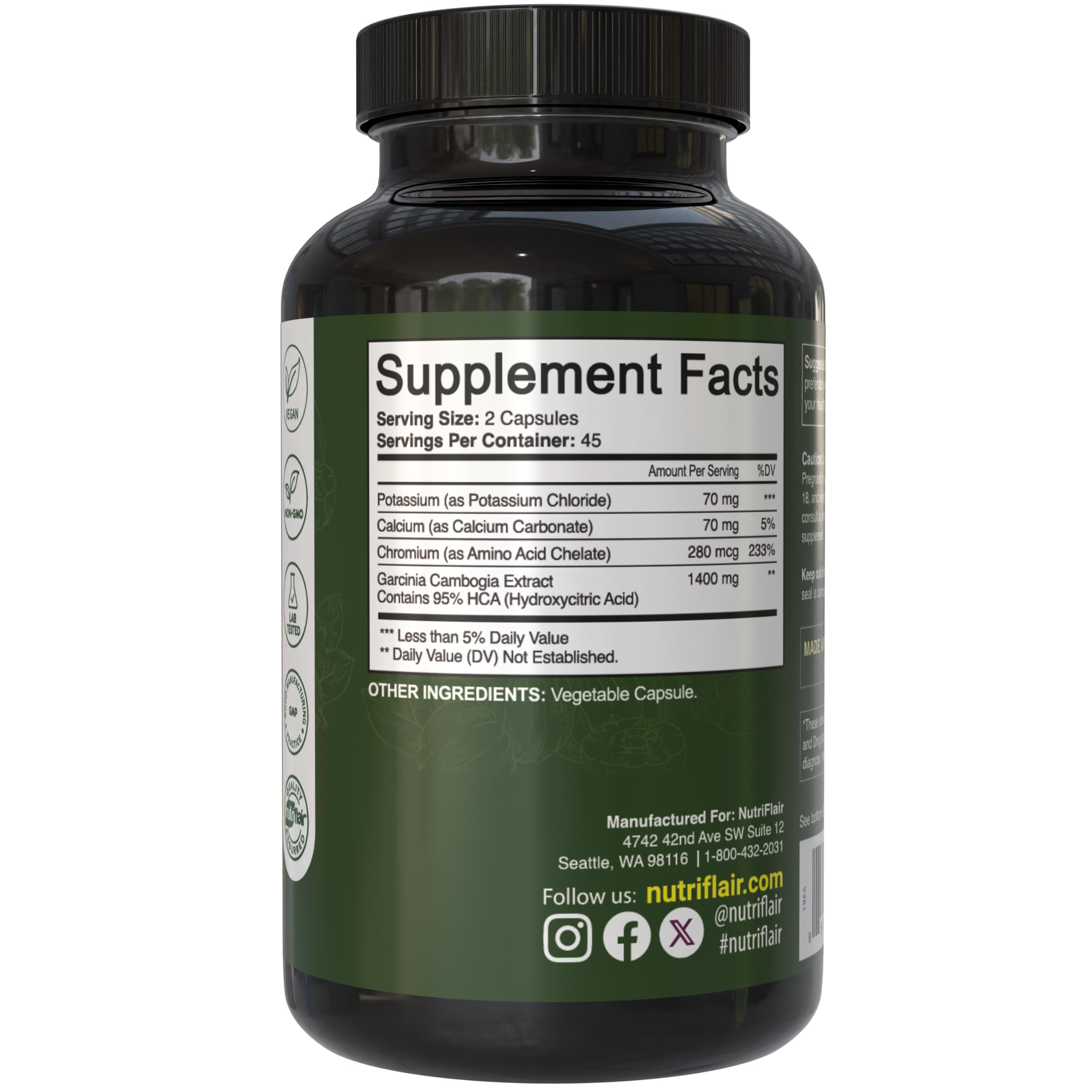NutriFlair Garcinia Cambogia: etiqueta detallada con 95% HCA para referencia de ingredientes