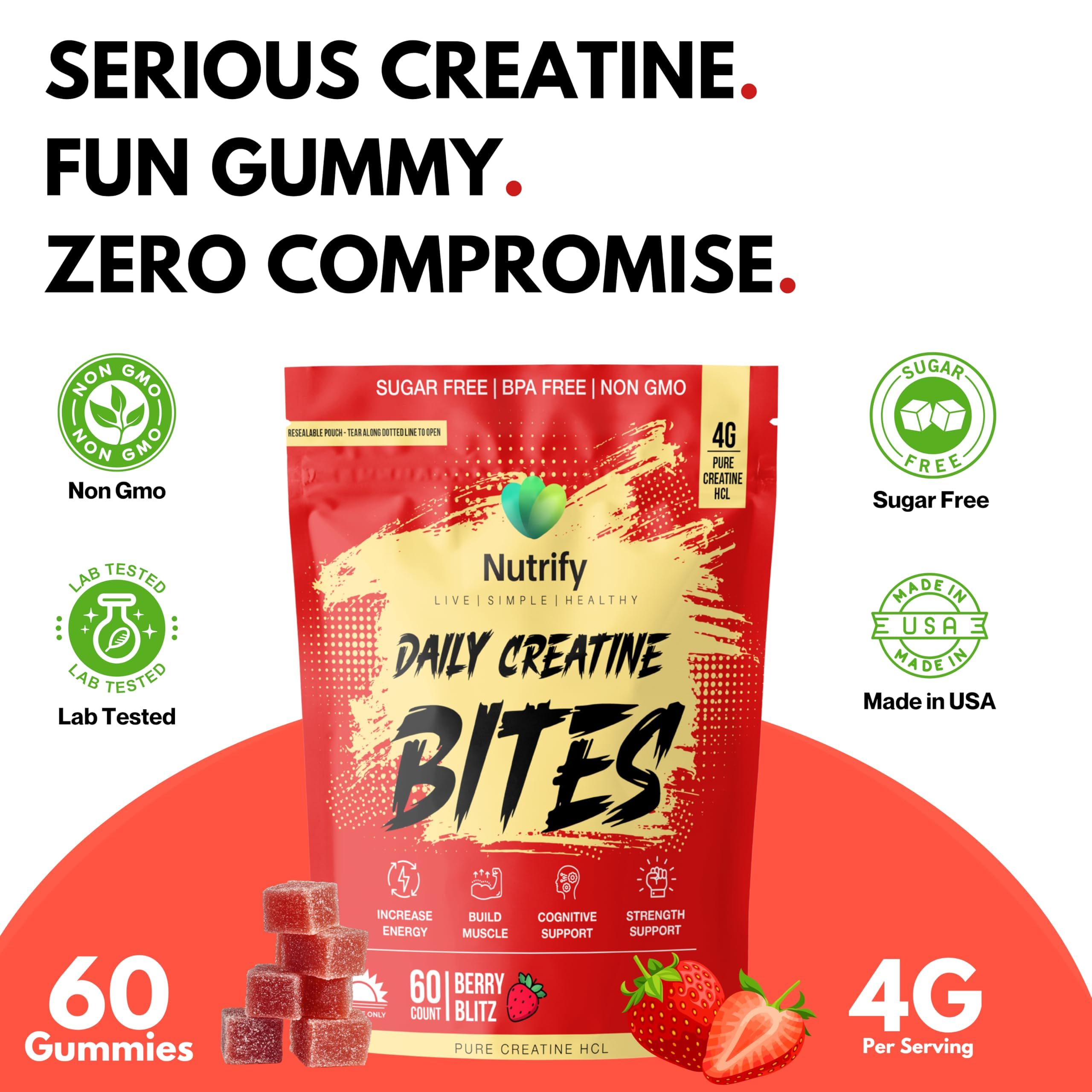 Nutrify gomitas creatina diarias, sabor fresa para entrenamiento placentero.