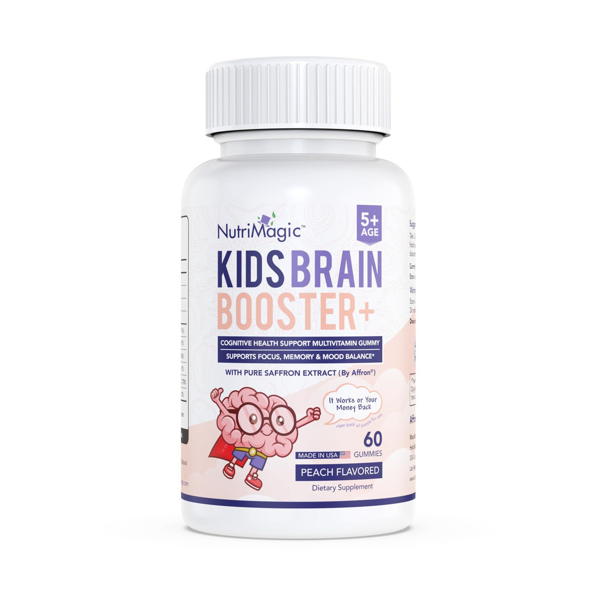 NutriMagic Kids Brain Booster, bote de gomitas con sabor pesca tropical y apoyo para concentración.