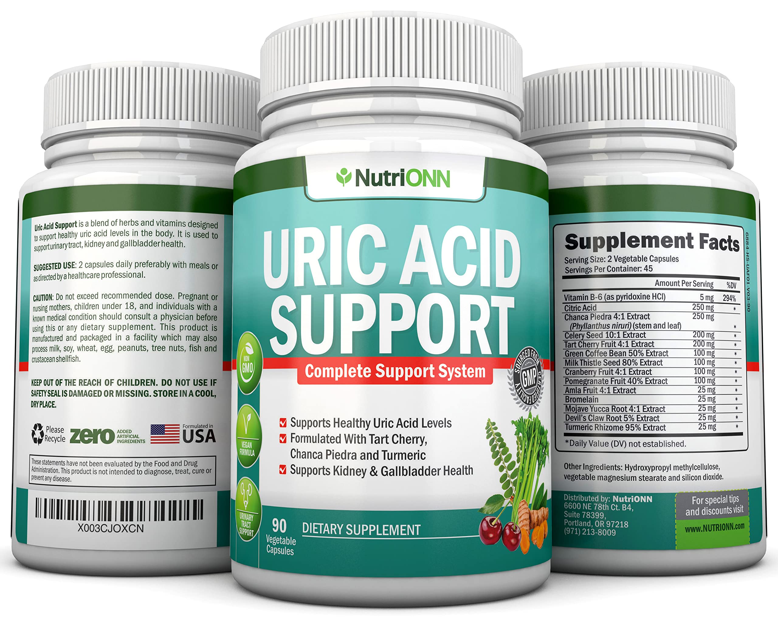 NutriONN Uric Acid Flush etiqueta vegana, fórmula basada en plantas.