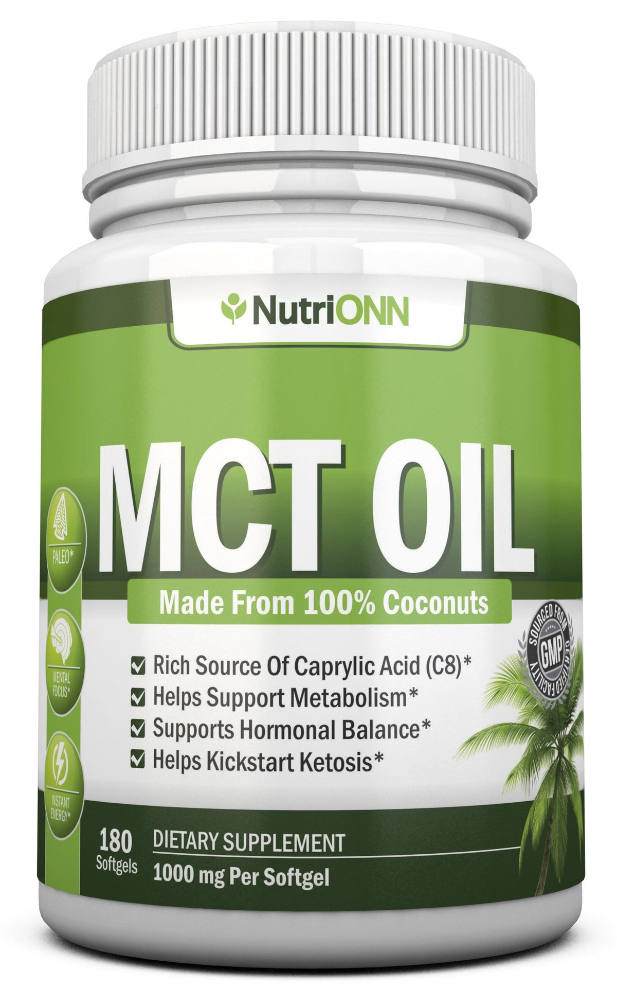 NutriONN MCT Oil cápsulas suaves para uso diario, energía rápida y nutrición diaria.