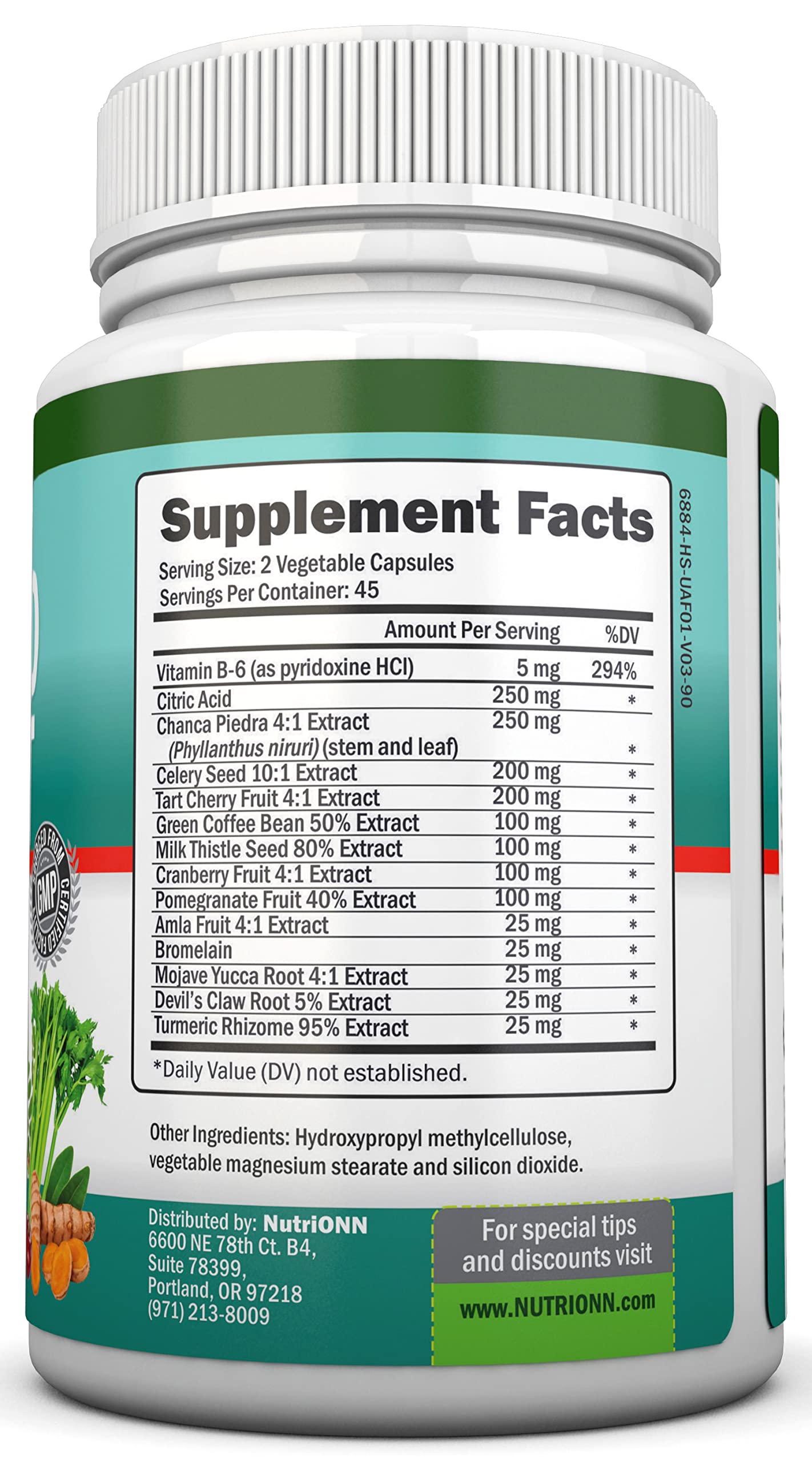NutriONN Uric Acid Flush mezcla herbal y extractos como cereza ácida y chanca piedra.
