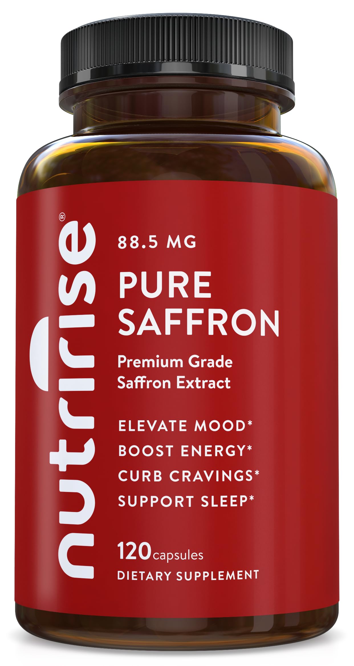 NutriRise cápsulas saffrán frente a la botella, destacando el potencial para mejorar ánimo y energía