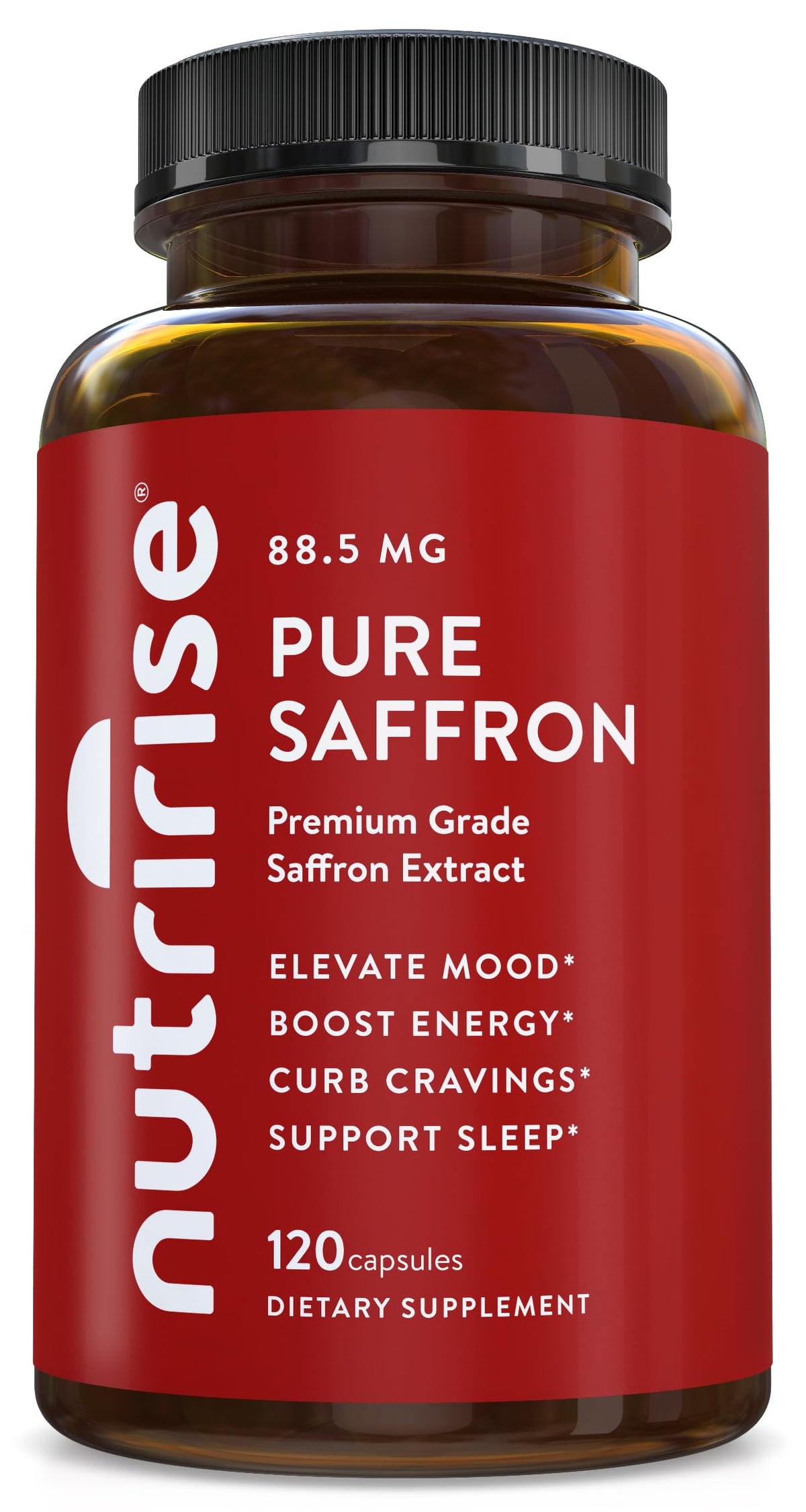 NutriRise cápsulas saffrán frente a la botella, destacando el potencial para mejorar ánimo y energía