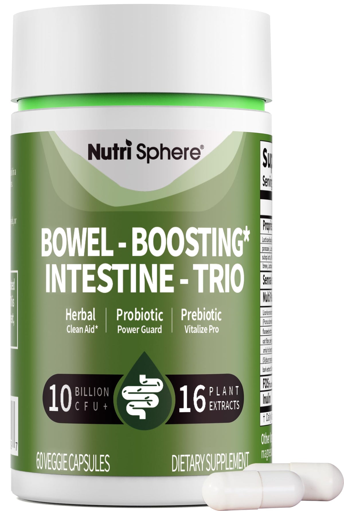 NutriSphere cápsulas probióticas en botella para uso diario y apoyo digestivo.
