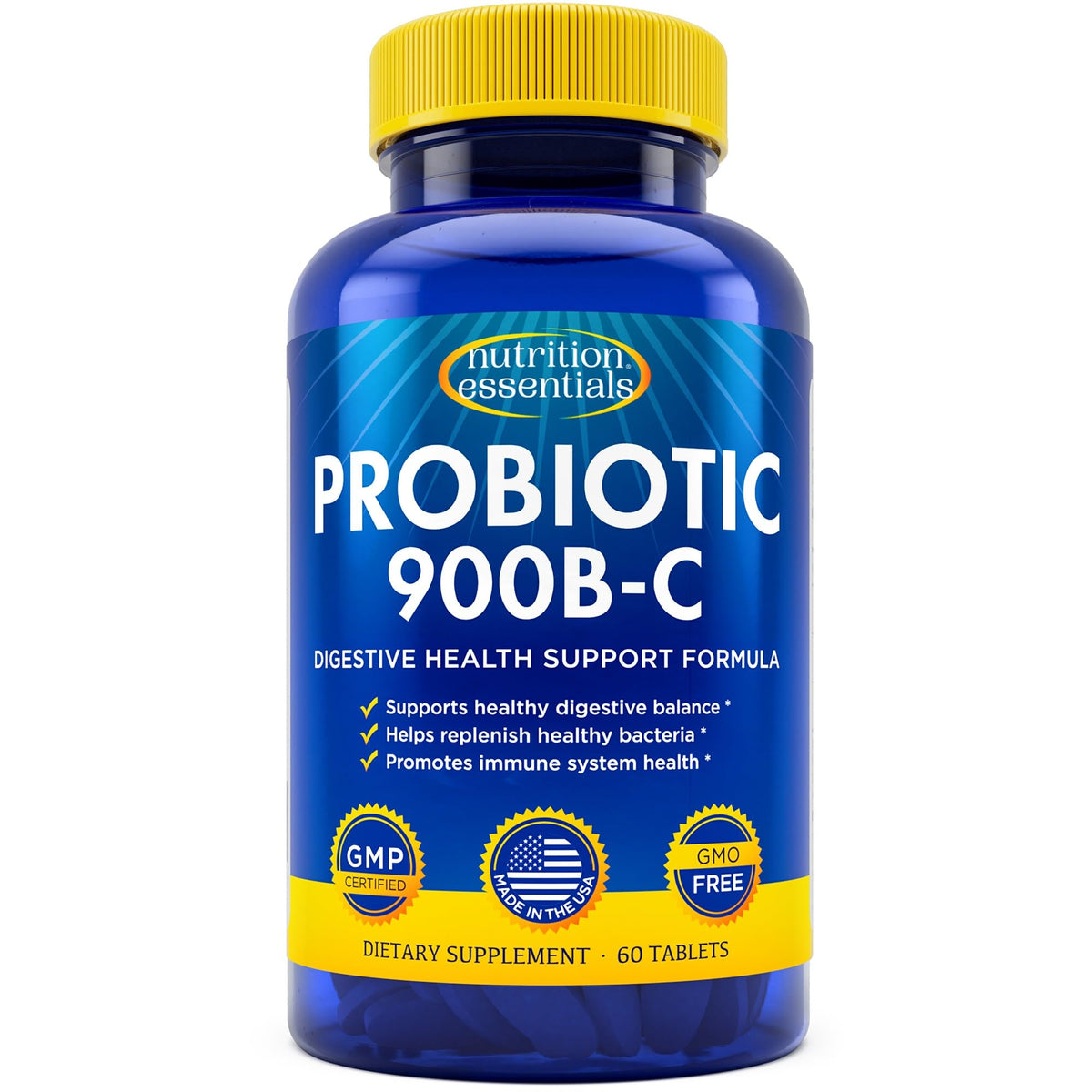 Nutrition Essentials probióticos en botella sellada protegiendo potencia intestinal.