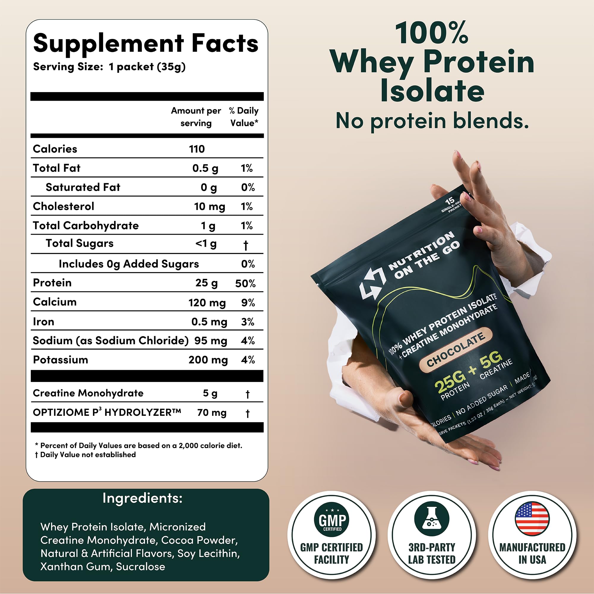 Nutrition On The Go: 15 sobres chocolate, conveniente para mochila o bolsa de gimnasio.