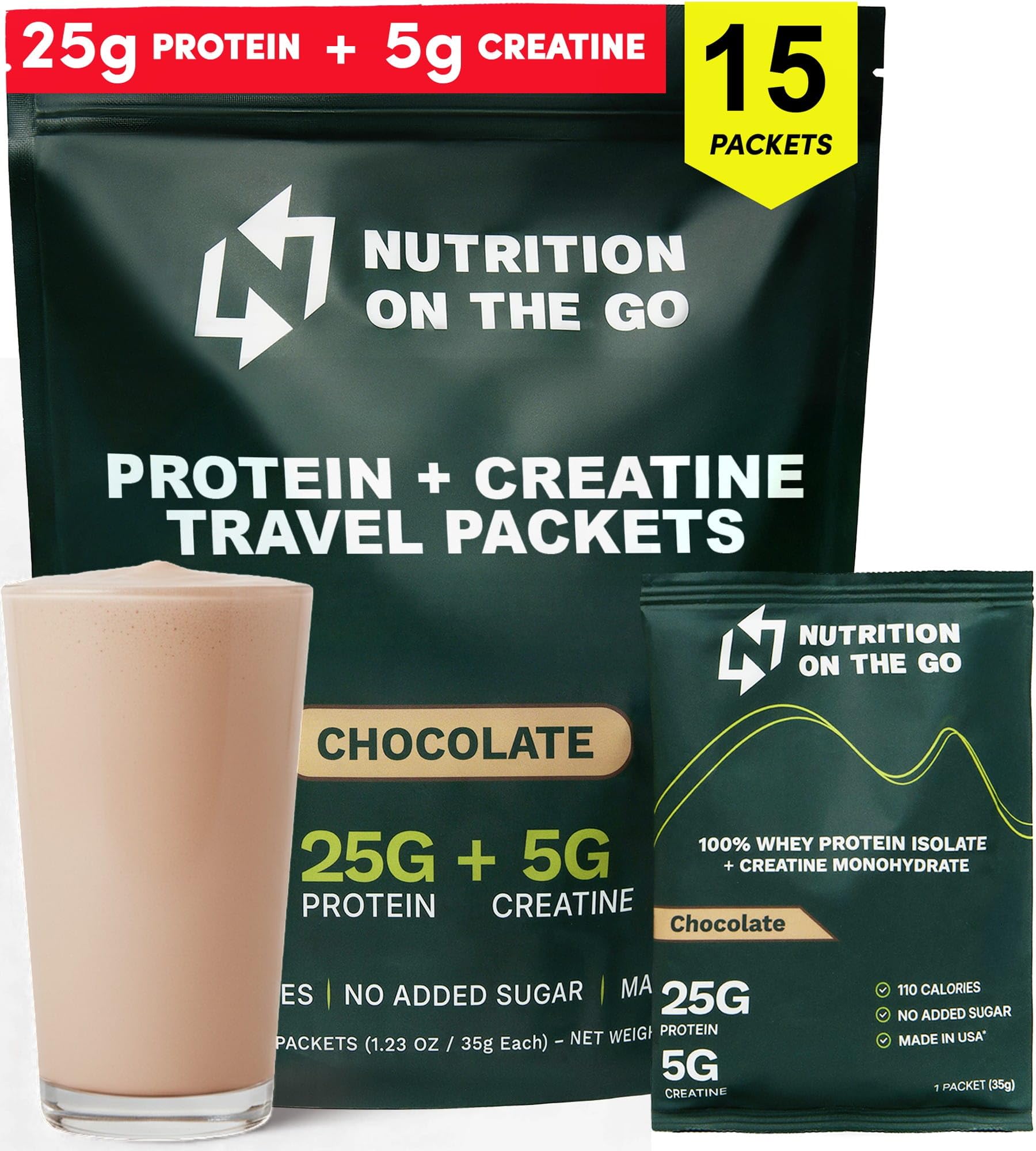 Nutrition On The Go: paquetes de proteina whey aislado chocolate para viaje, mezcla rápida para ingesta post-entrenamiento.