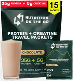 Nutrition On The Go: paquetes de proteina whey aislado chocolate para viaje, mezcla rápida para ingesta post-entrenamiento.